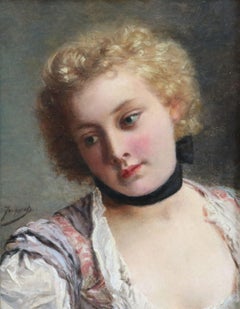 Jeune Fille - Huile du XIXe siècle:: portrait d'une jeune fille par Gustave Jean Jacquet