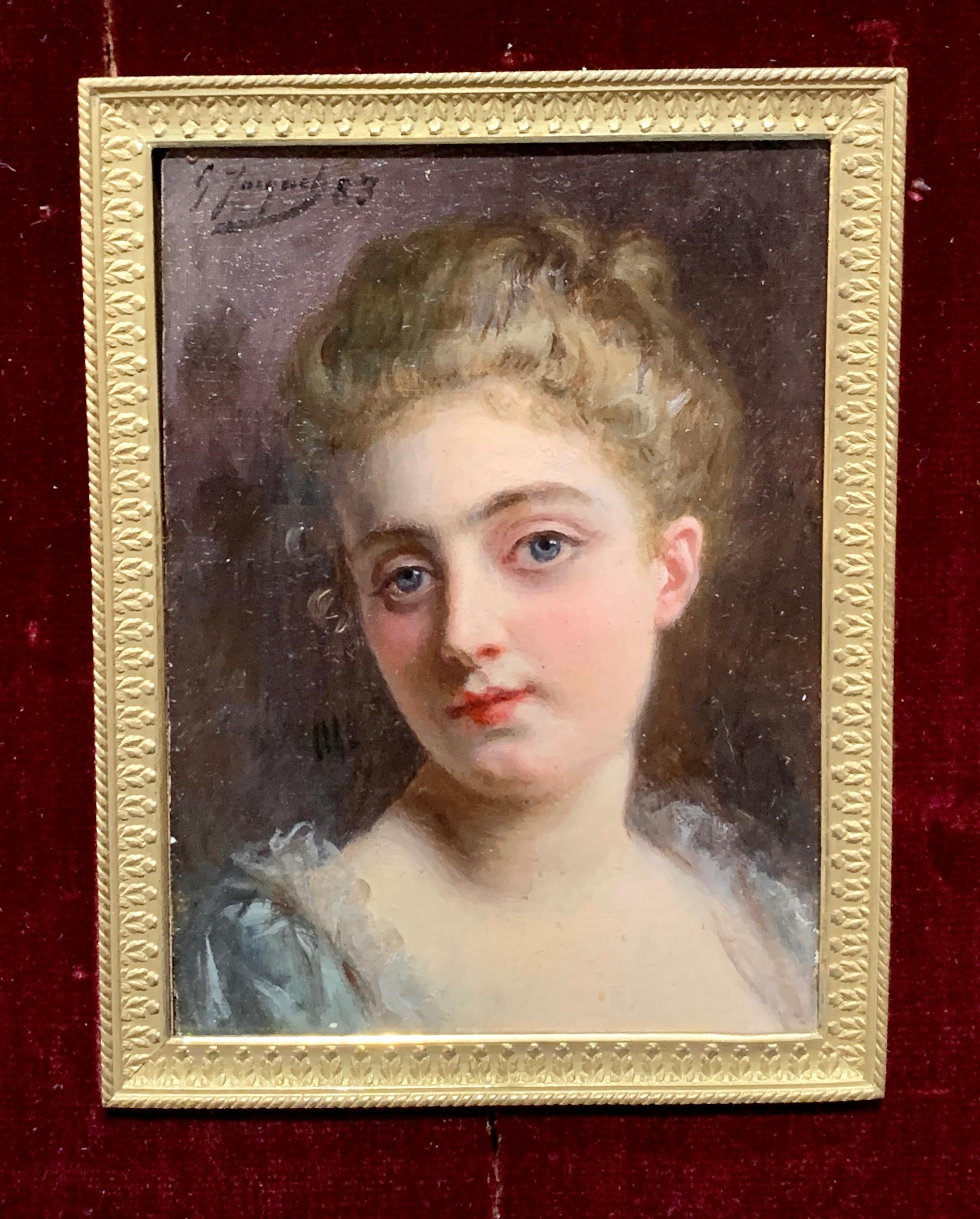 Retrato de una dama francesa del siglo XIX en un marco dorado y ormolu hecho a mano - Painting de Gustave Jean Jacquet