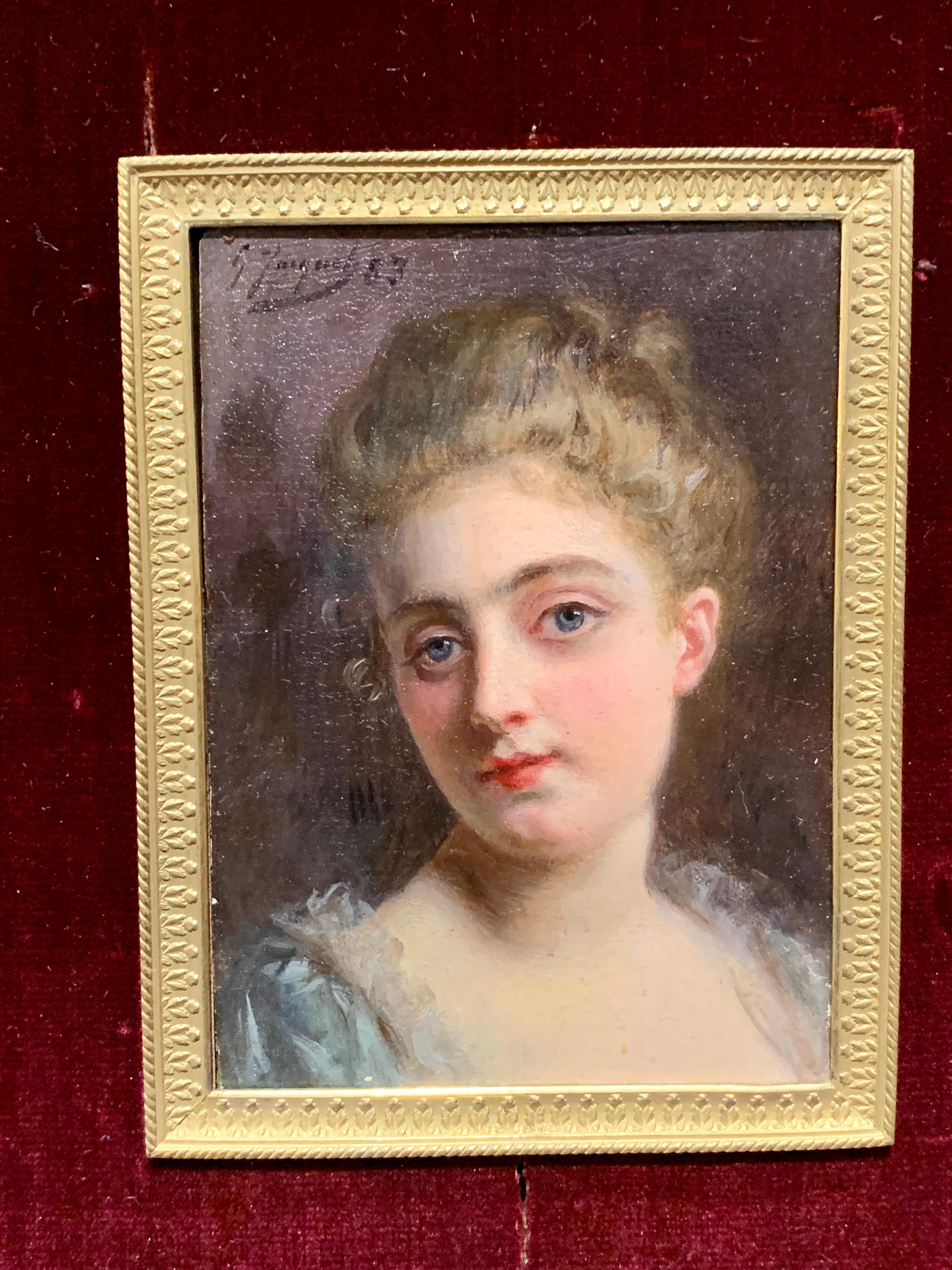 Retrato de una dama francesa del siglo XIX en un marco dorado y ormolu hecho a mano - Painting Victoriano de Gustave Jean Jacquet