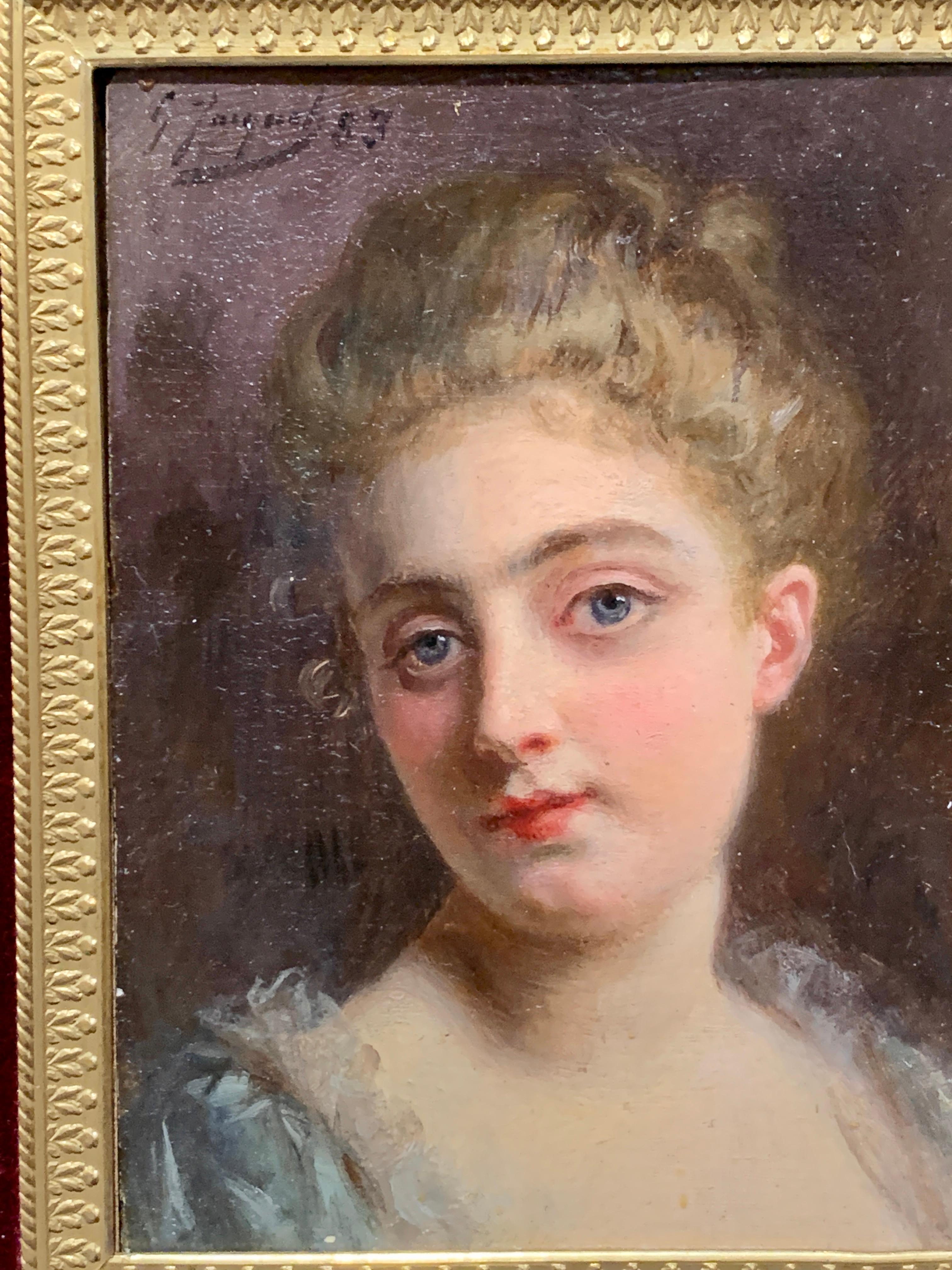 Retrato de una dama francesa del siglo XIX en un marco dorado y ormolu hecho a mano - Portrait Painting Marrón de Gustave Jean Jacquet