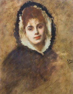 Antique Portrait Of A Lady In A Fur Lined Hood, 19th Century 