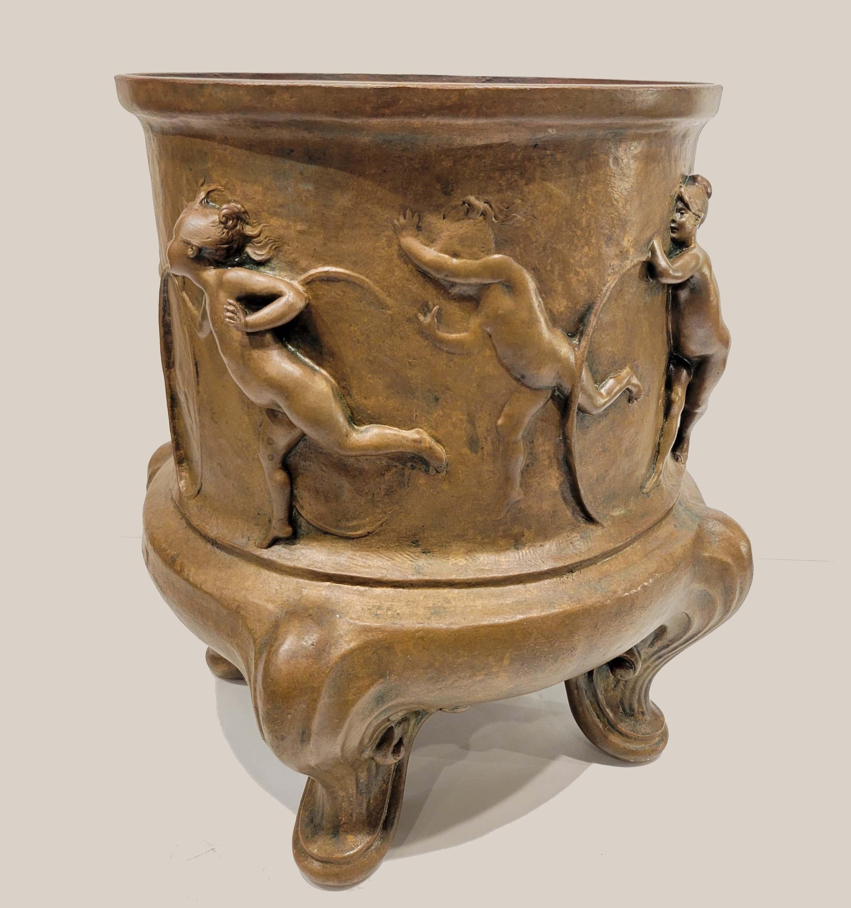 Inscribed Joseph Cheret and E. SOLEAU Edits PARIS.
Cast by the famous Paris foundry of Eugene Soleau, this outstanding sculptural Cachepot features a picturesque group of puttee playing with large rings.

Joseph Gustave Chéret (1838-1894) was a