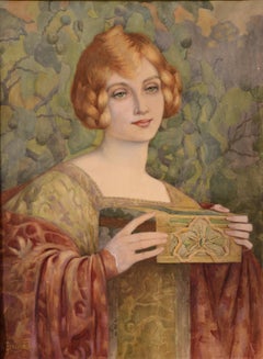 Art Nouveau Portrait of Redhaired Lady Watercolor by French Master Brisgard