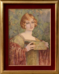 Retro Art Nouveau Portrait of Redhaired Lady Watercolor by French Master Brisgard