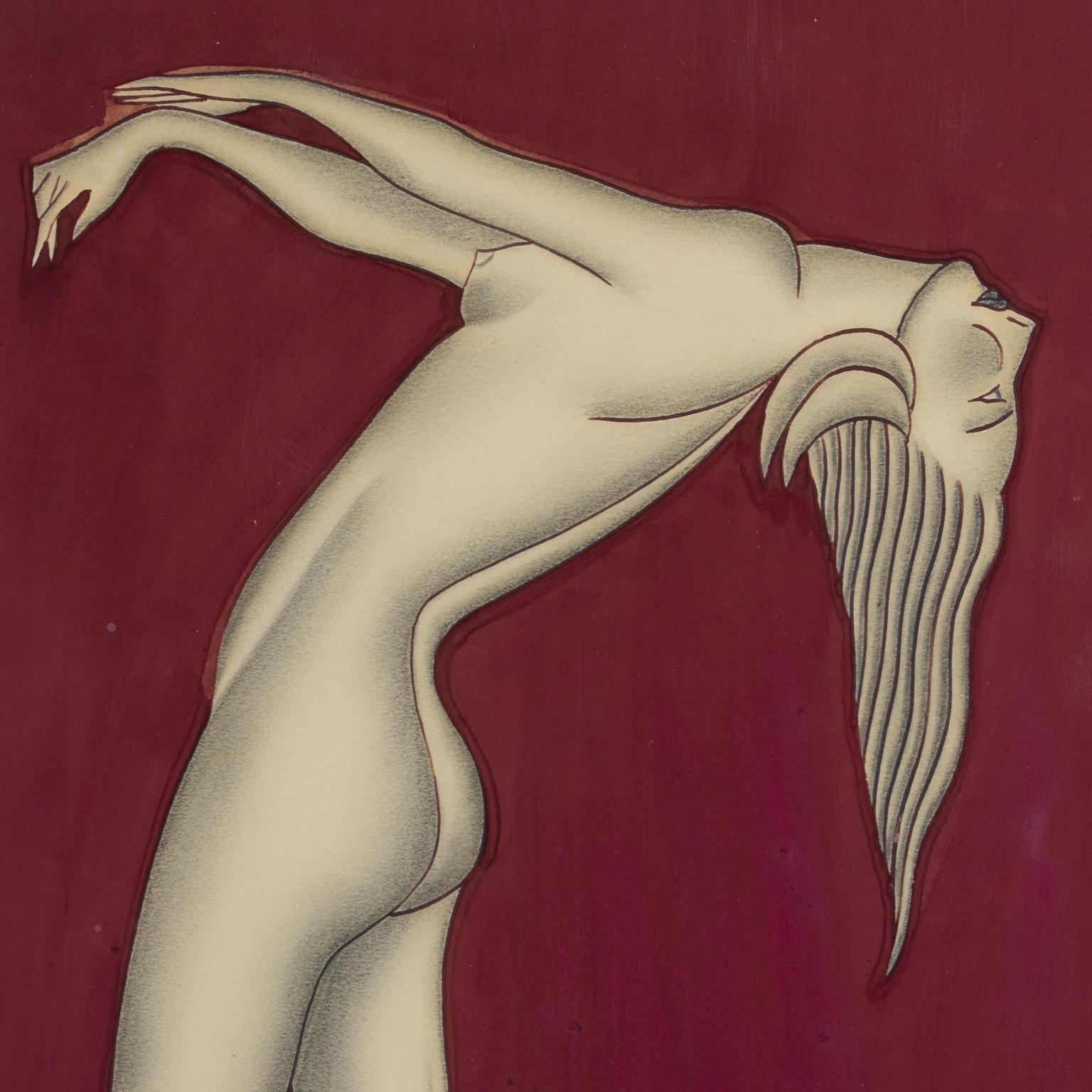 Coppia di studi di nudo femminile Art Deco dipinti a guazzo da Gustave Kaitz 13