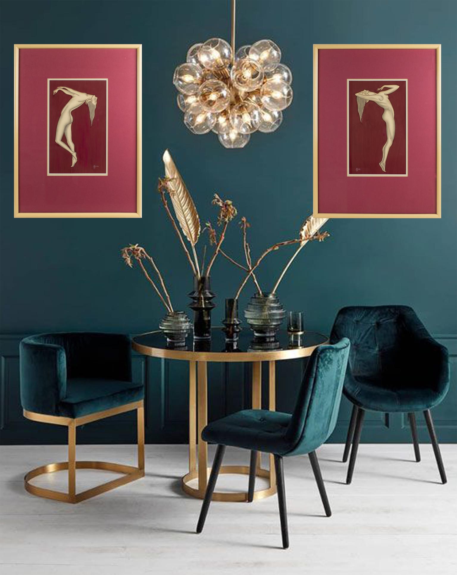 Coppia di studi di nudo femminile Art Deco dipinti a guazzo da Gustave Kaitz 3