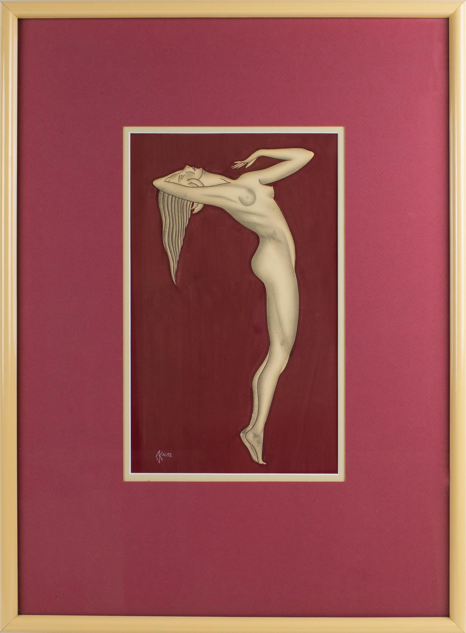 Pair of Art Deco Female Nude Study Gouache Painting by Gustave Kaitz 3