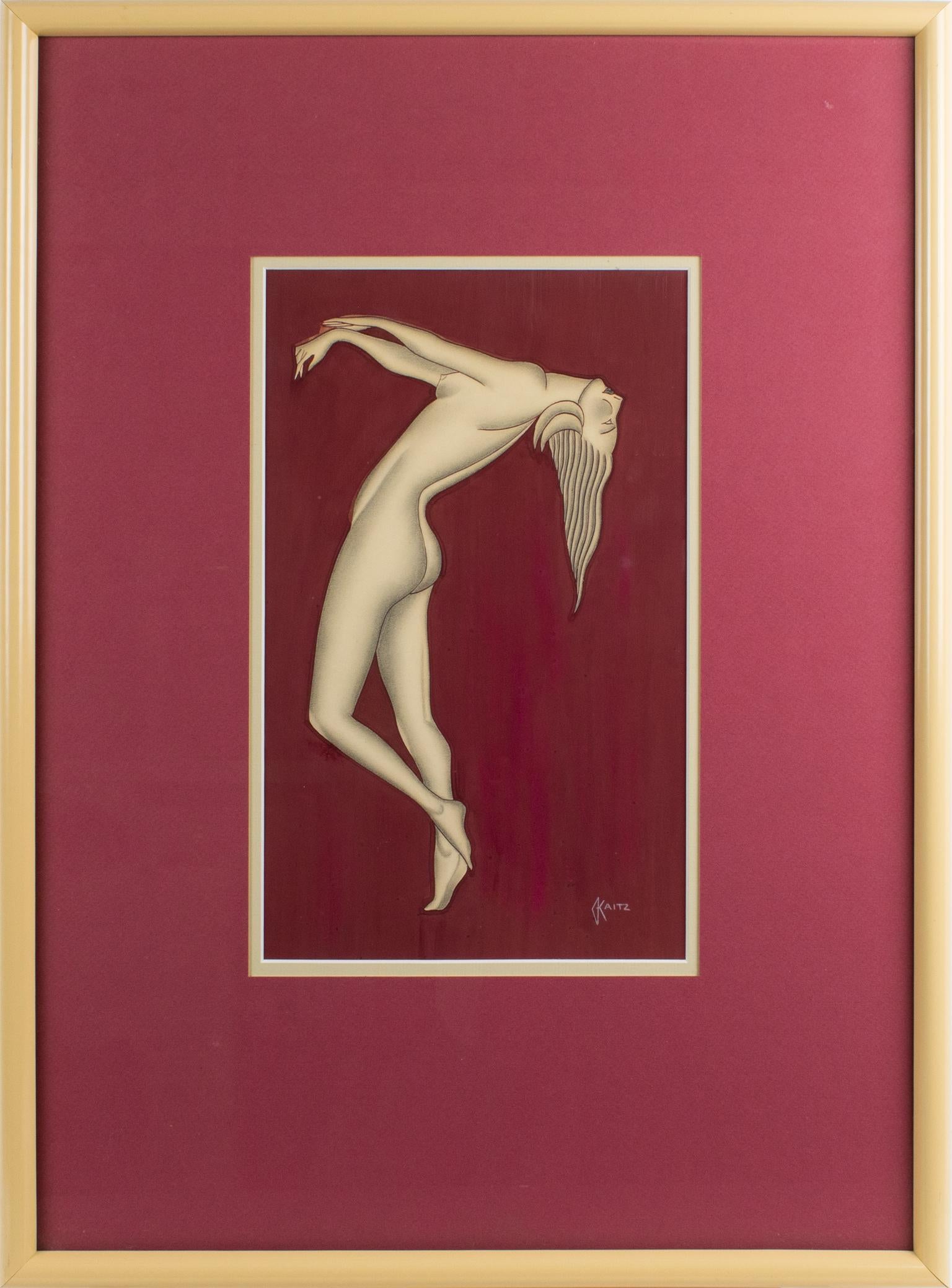 Pair of Art Deco Female Nude Study Gouache Painting by Gustave Kaitz 4
