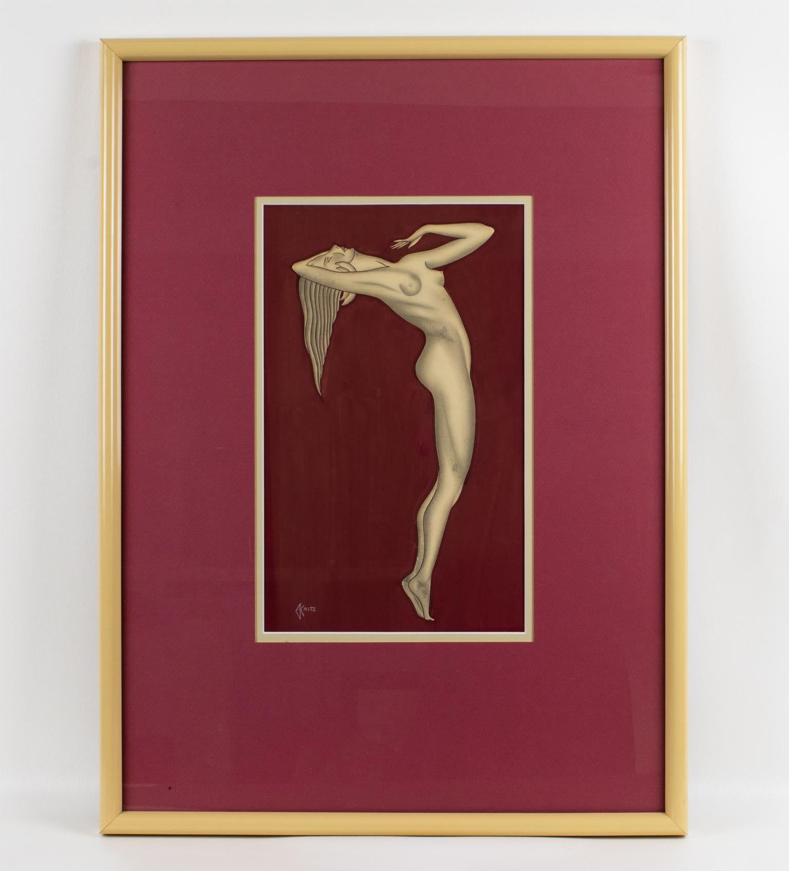 Pair of Art Deco Female Nude Study Gouache Painting by Gustave Kaitz 5