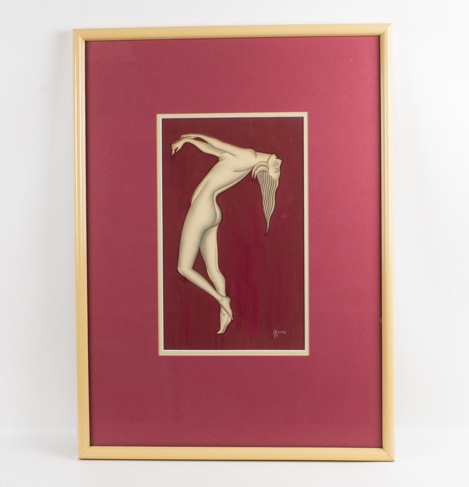 Pair of Art Deco Female Nude Study Gouache Painting by Gustave Kaitz 6