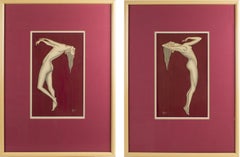 Pair of Art Deco Female Nude Study Gouache Painting by Gustave Kaitz