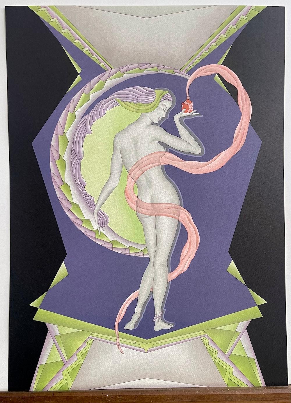 GENIE Hand Drawn Lithograph, Art Deco Nude Perfume Bottle, Black, Lavender, Pink For Sale 5