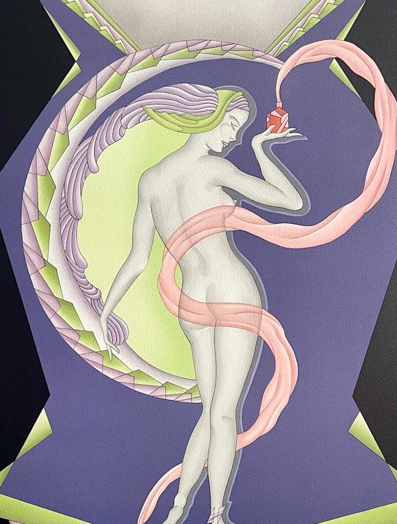 GENIE Handgezeichnete Lithographie, Art-déco-Parfümflasche, Schwarz, Lavendel, Rosa – Print von Gustave Kaitz
