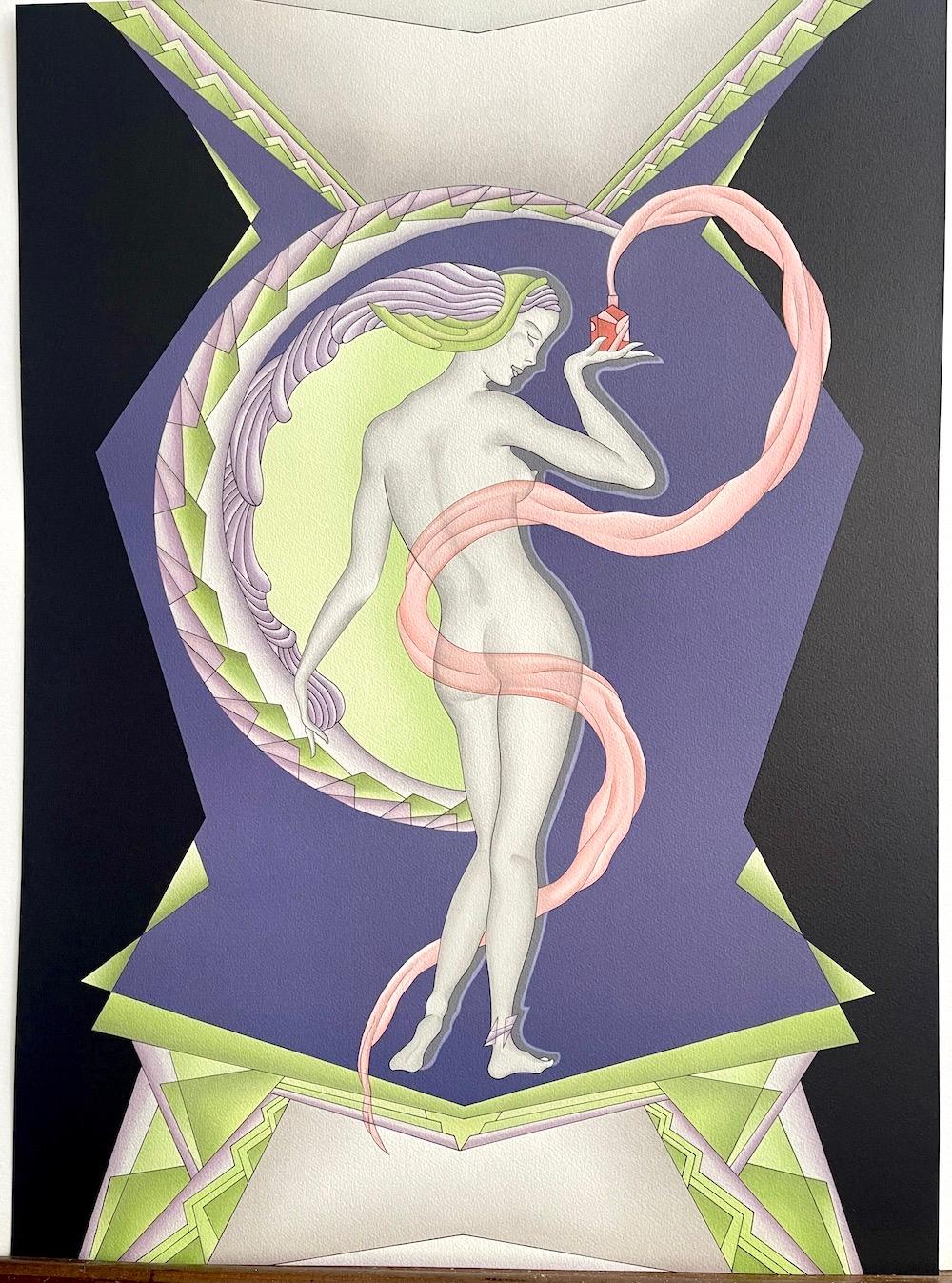 Lithographie de GENIE drapée à la main, flacon de parfum Art Déco couleur chair, noir, lavande, rose - Art déco Print par Gustave Kaitz