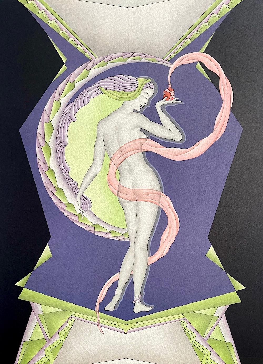 Gustave Kaitz Interior Print – GENIE Handgezeichnete Lithographie, Art-déco-Parfümflasche, Schwarz, Lavendel, Rosa