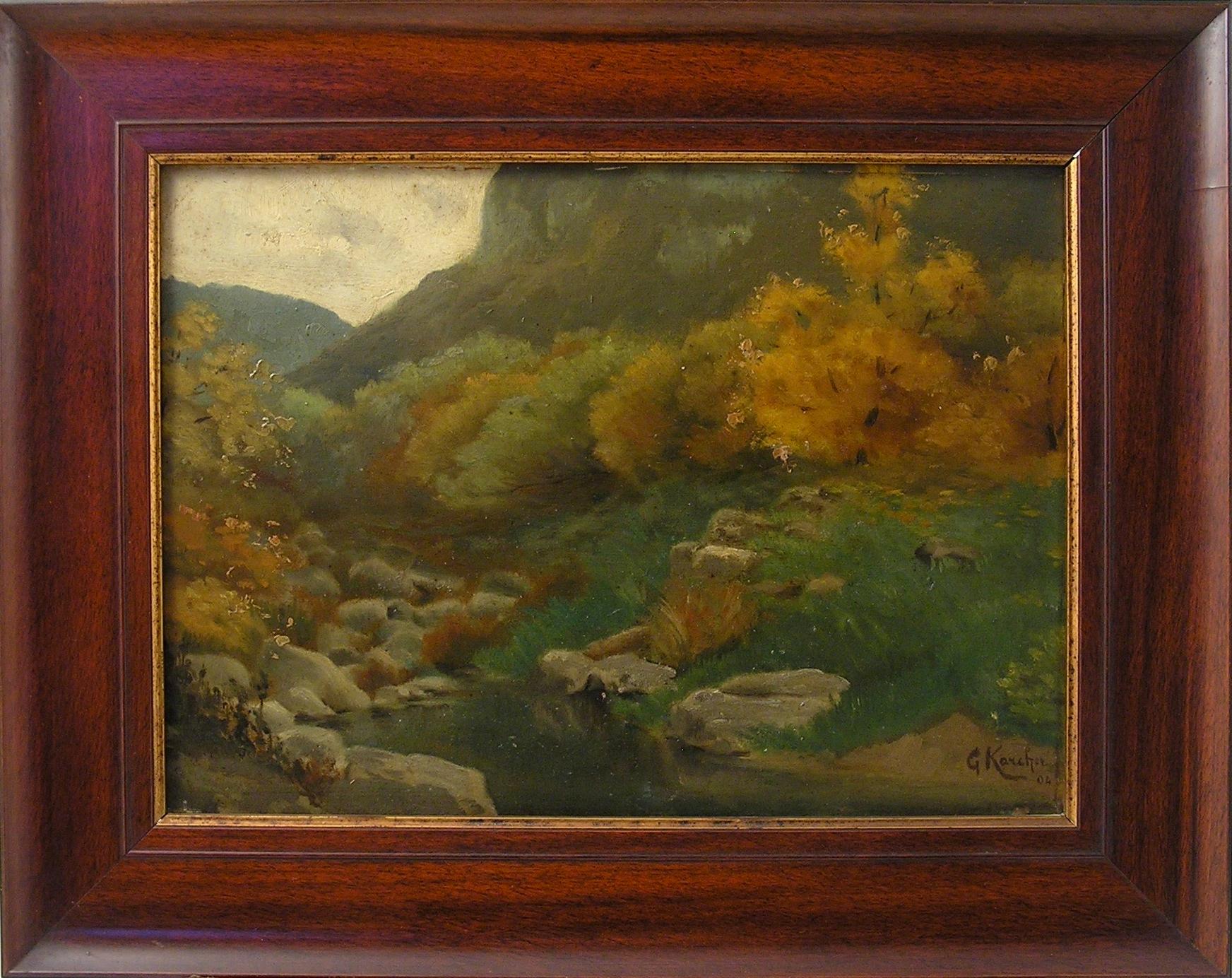 Gustave Karcher ( 1831 1908 ) Oil on Panel 1904 - Landscape with a Stream