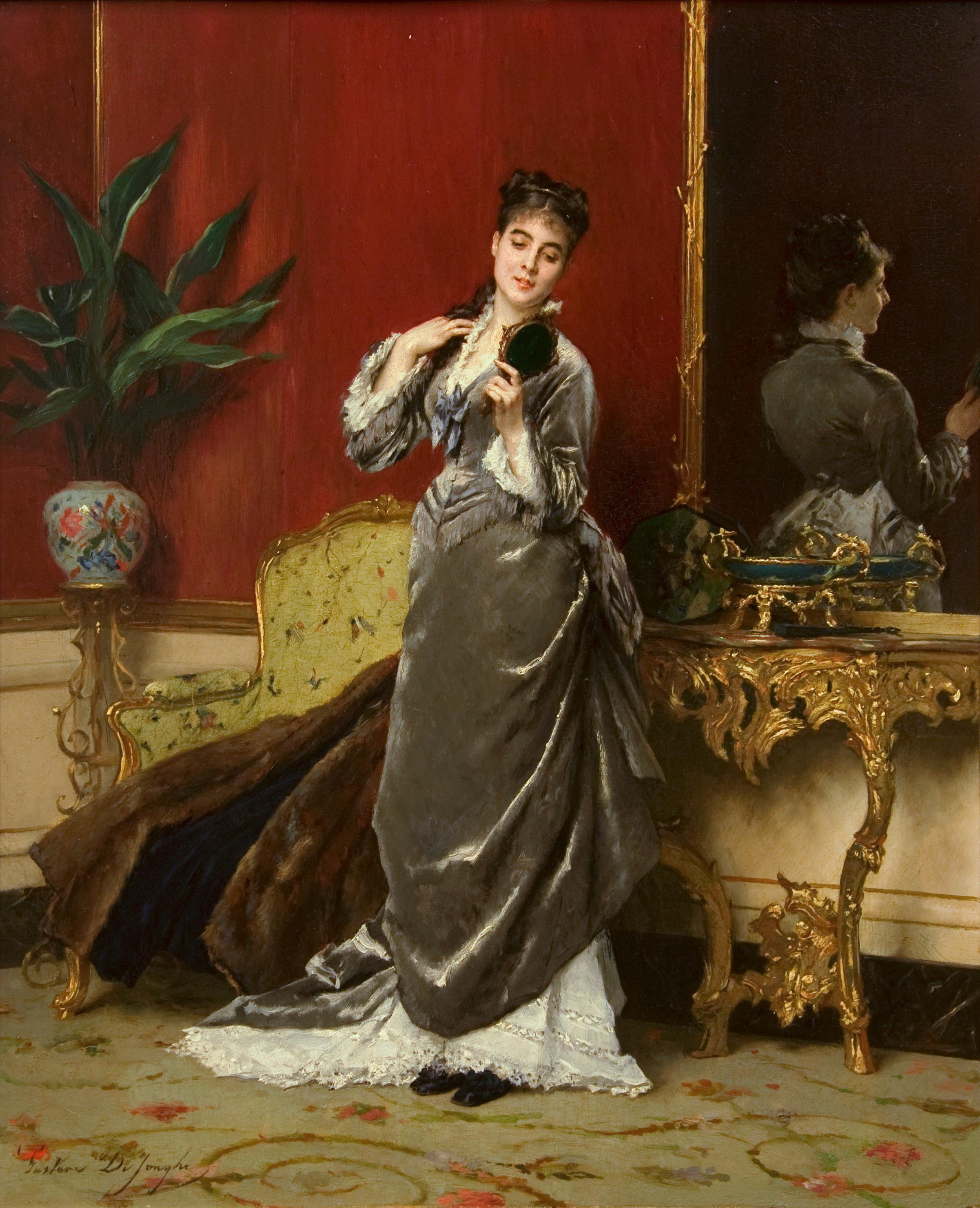 Gustave Léonhard de Jonghe Interior Painting - 19th Century Academic portrait of a woman titled "Dressing for the Ball"