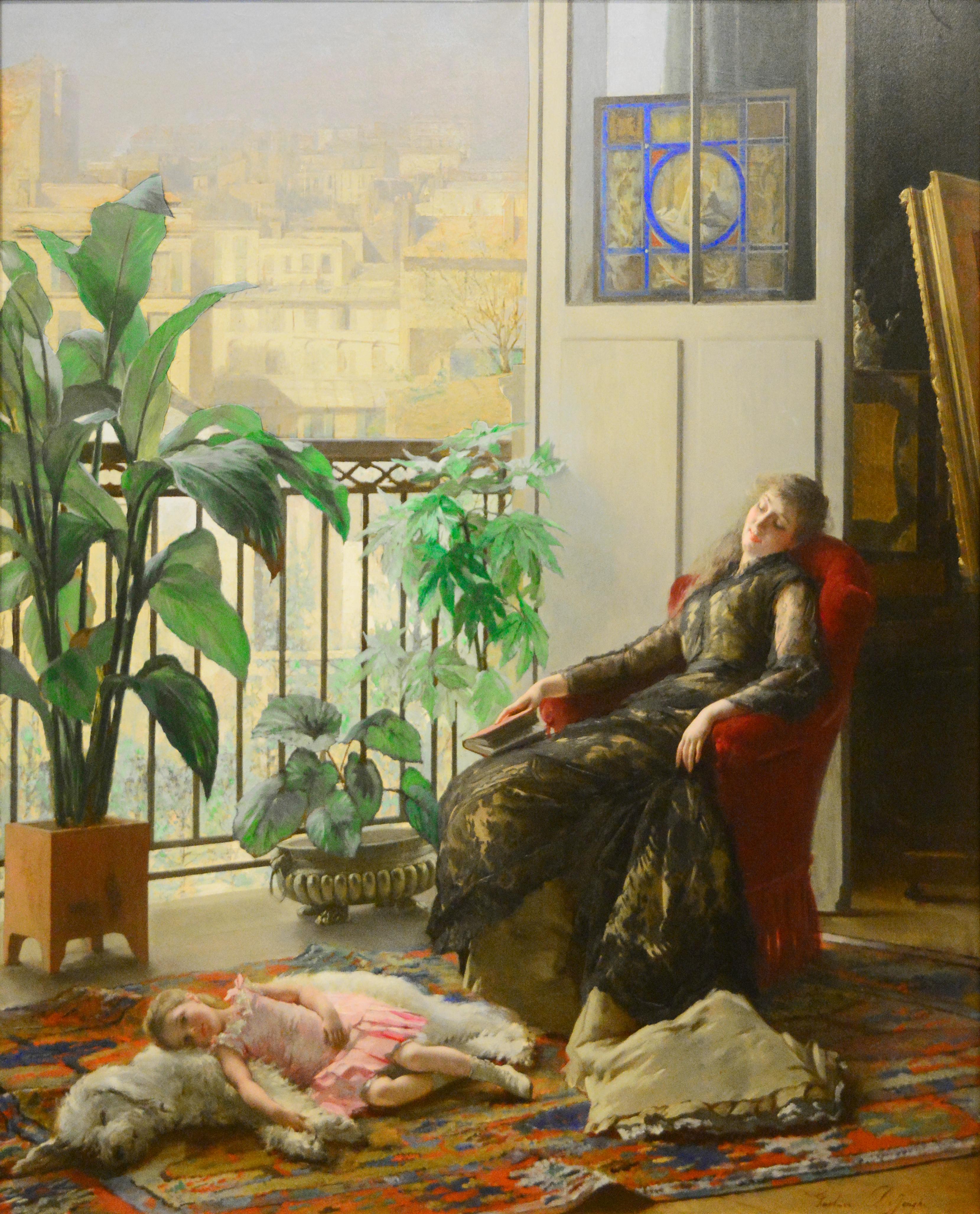 Gustave Léonhard de Jonghe Interior Painting - Academic portrait of a woman with child and dog titled, "Afternoon Repose"