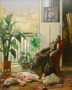 Academic portrait of a woman with child and dog titled, "Afternoon Repose"