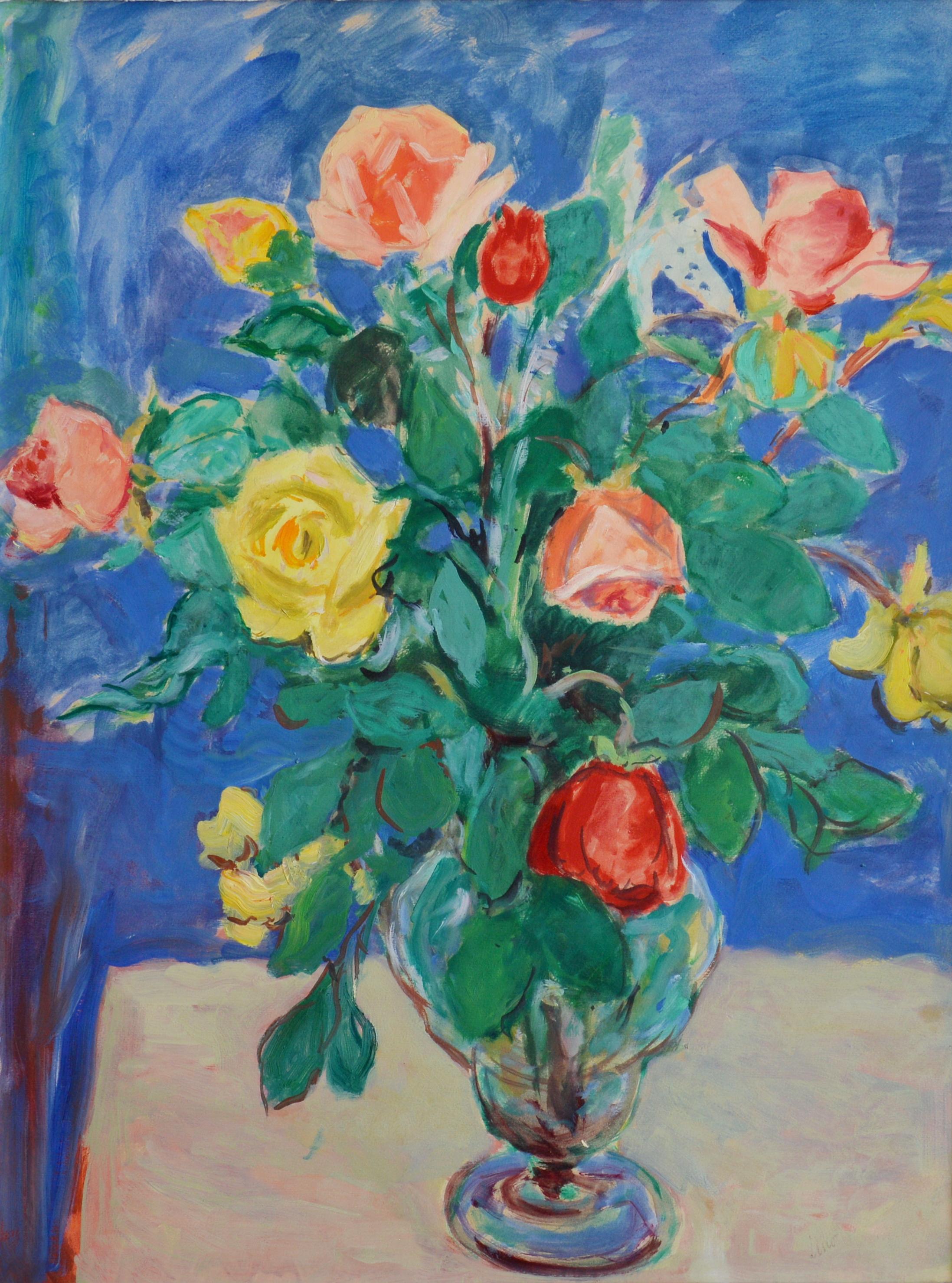 Bouquet de roses, huile sur papier - Painting de Gustave Lino