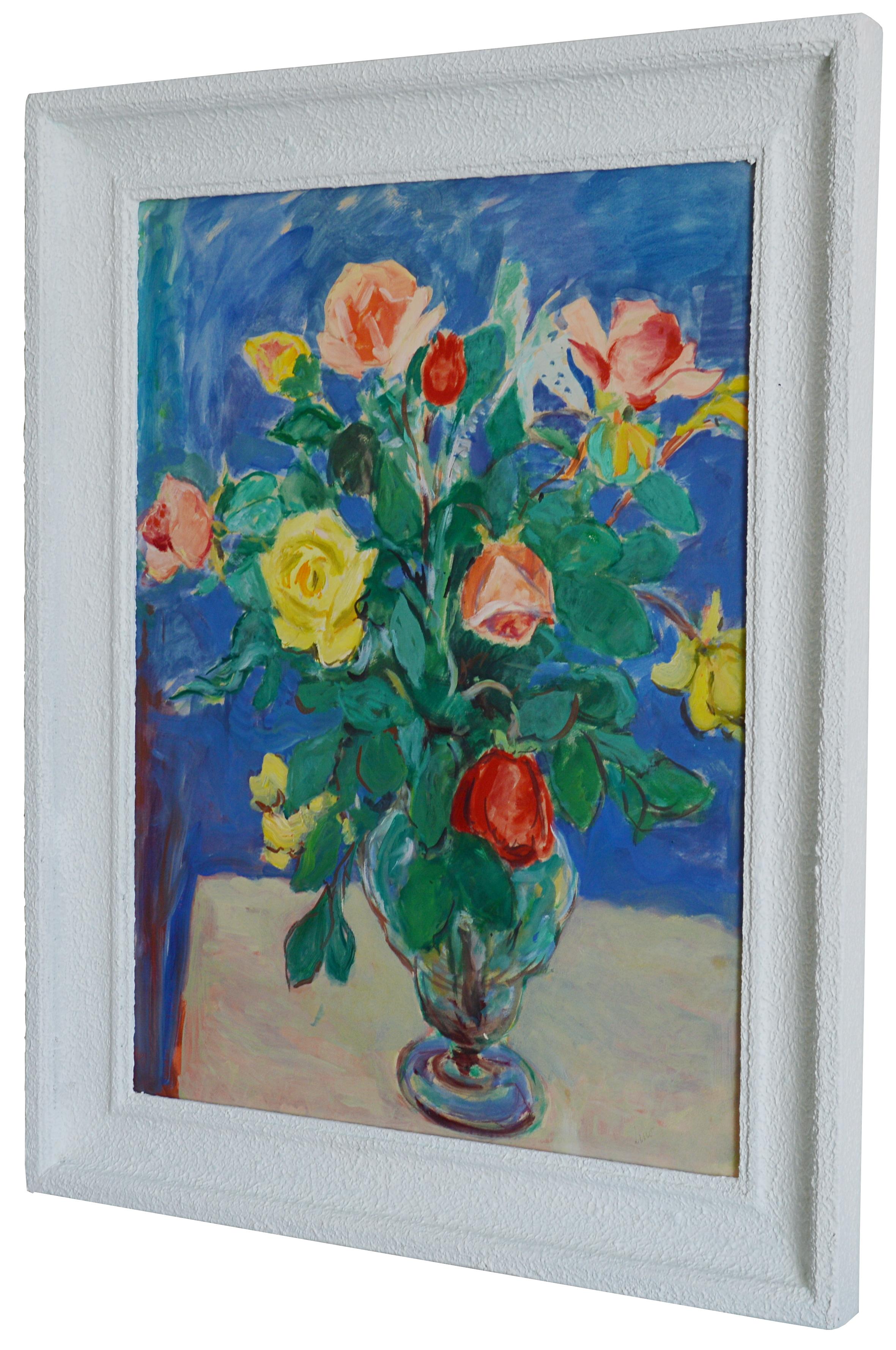 Bouquet de roses, huile sur papier - Réalisme Painting par Gustave Lino