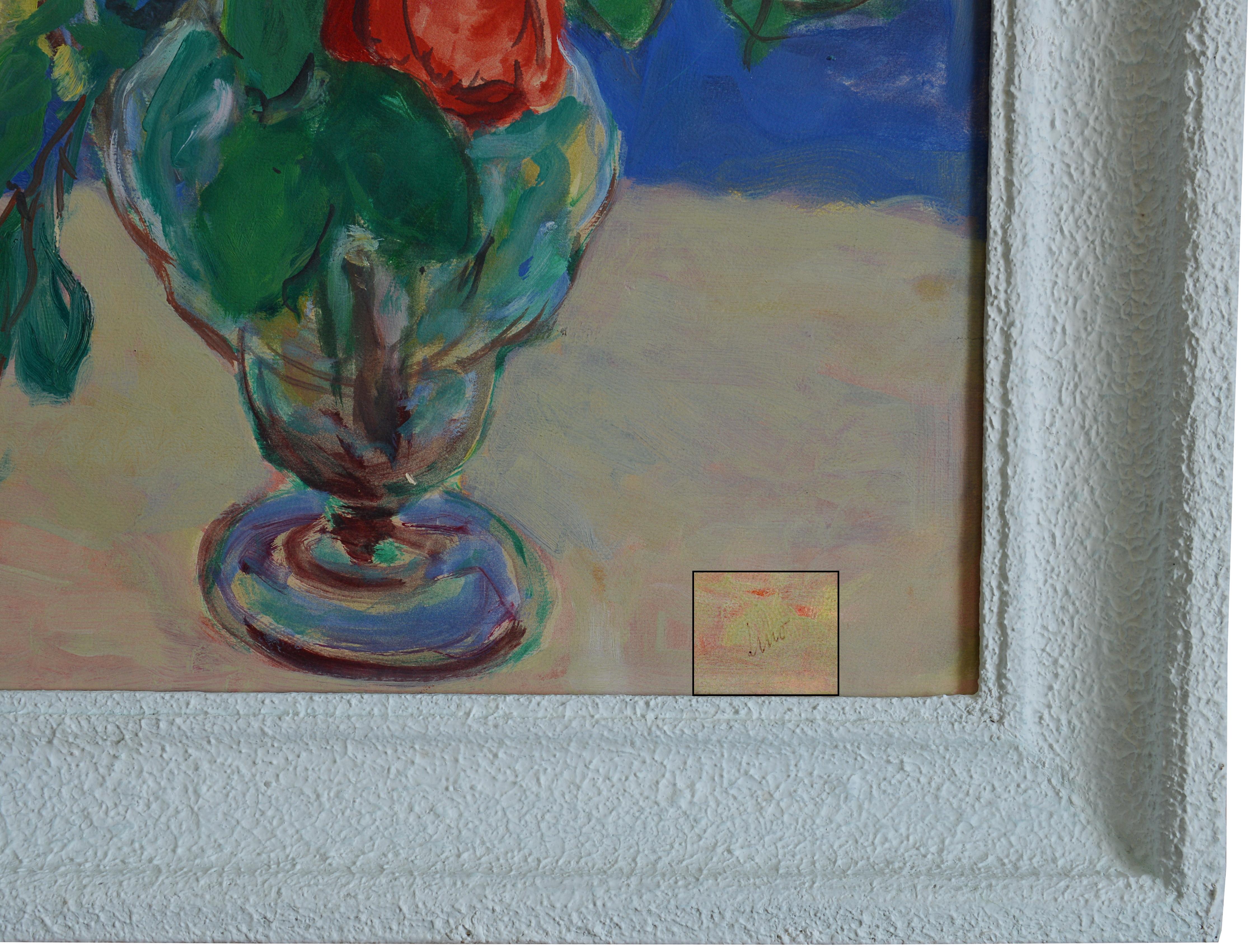 Huile sur papier monté sur carton de Gustave Lino (1893-1961), France, années 1950. Le bouquet de roses. Dimensions : avec cadre : 73.5x58.6 cm - 28.9x23.1  pouces
sans cadre : 61x46 cm - 24x18.1 inches, format 12P. Signé 