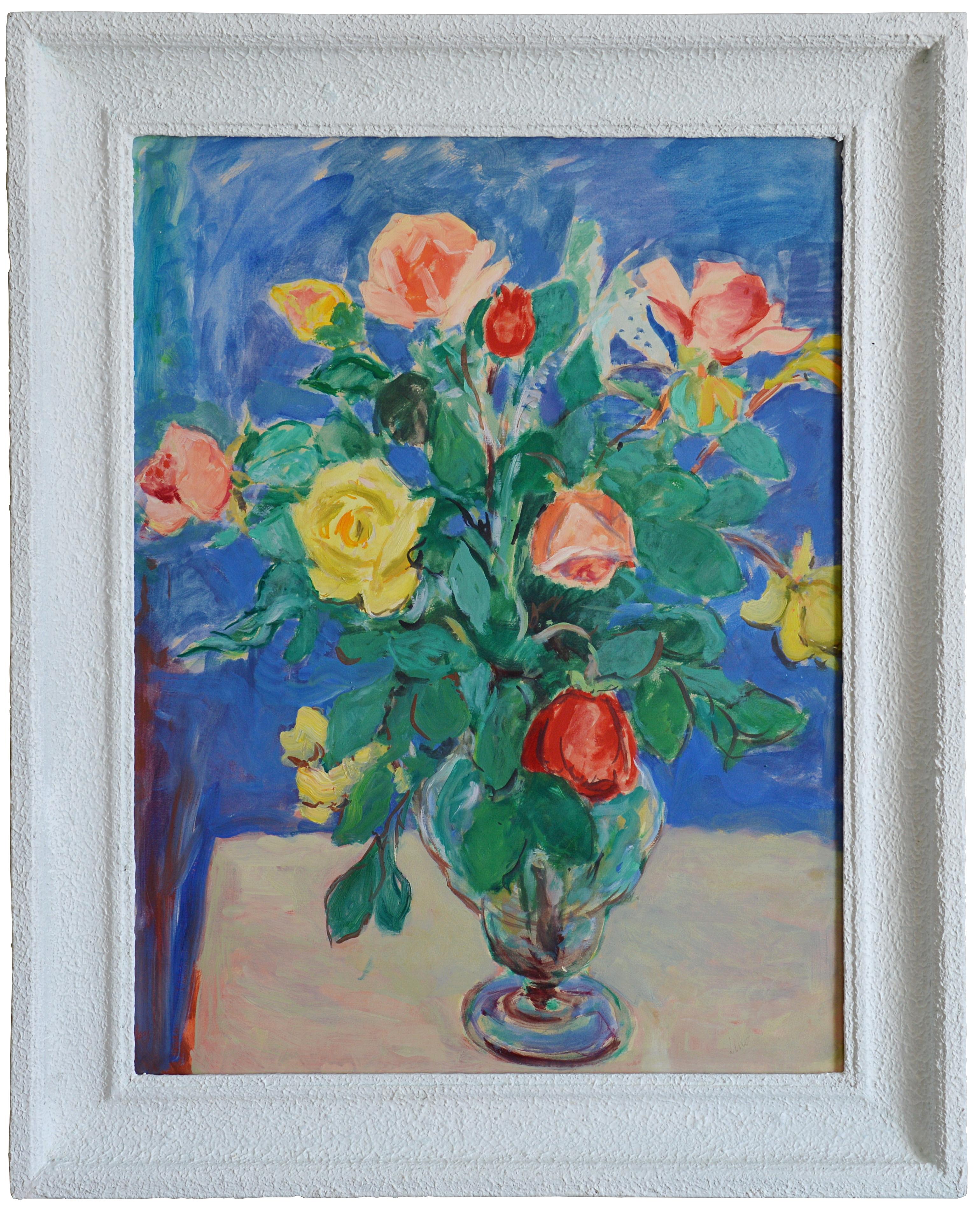 Mazzo di rose, Olio su carta in vendita 1