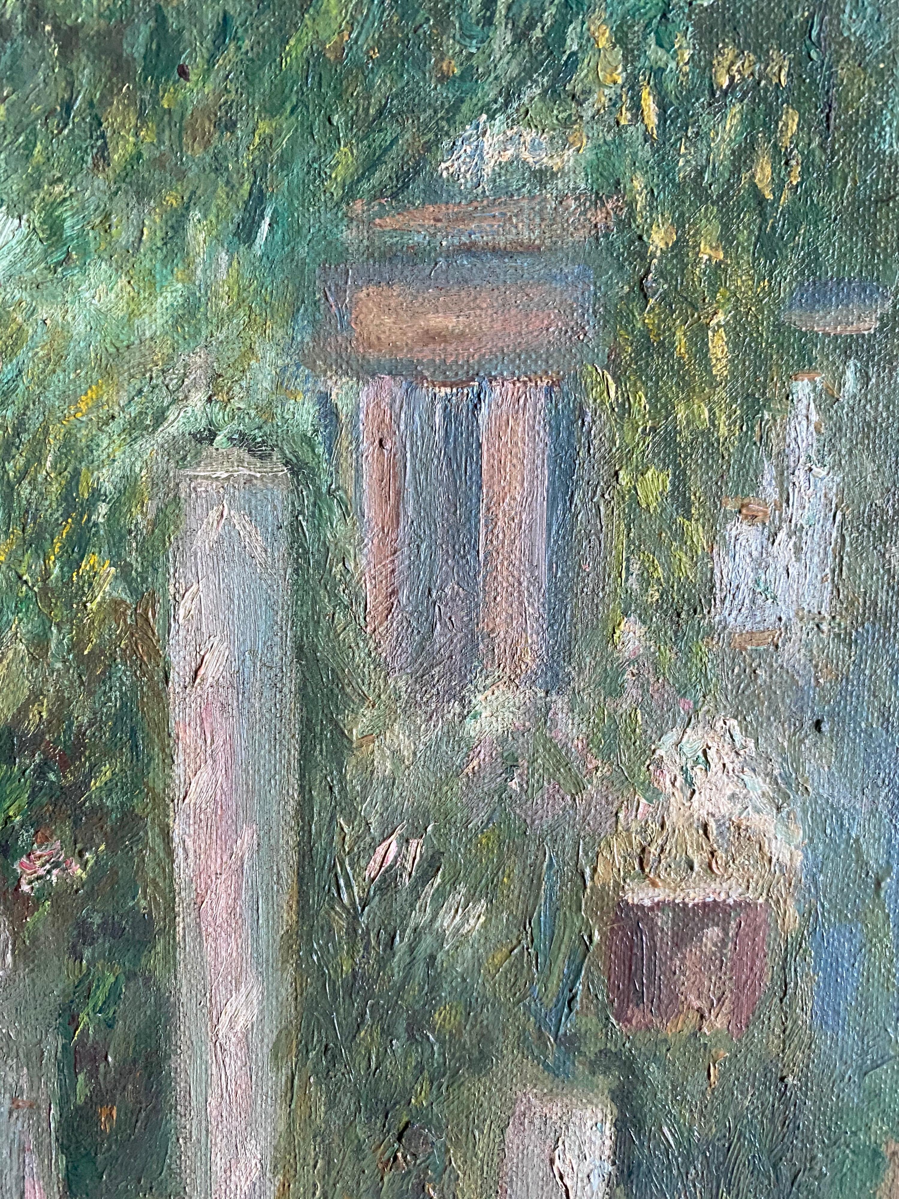 Antique French Impressionist Oil - Summer Garden Flowers and Chair - Painting by Gustave Loiseau