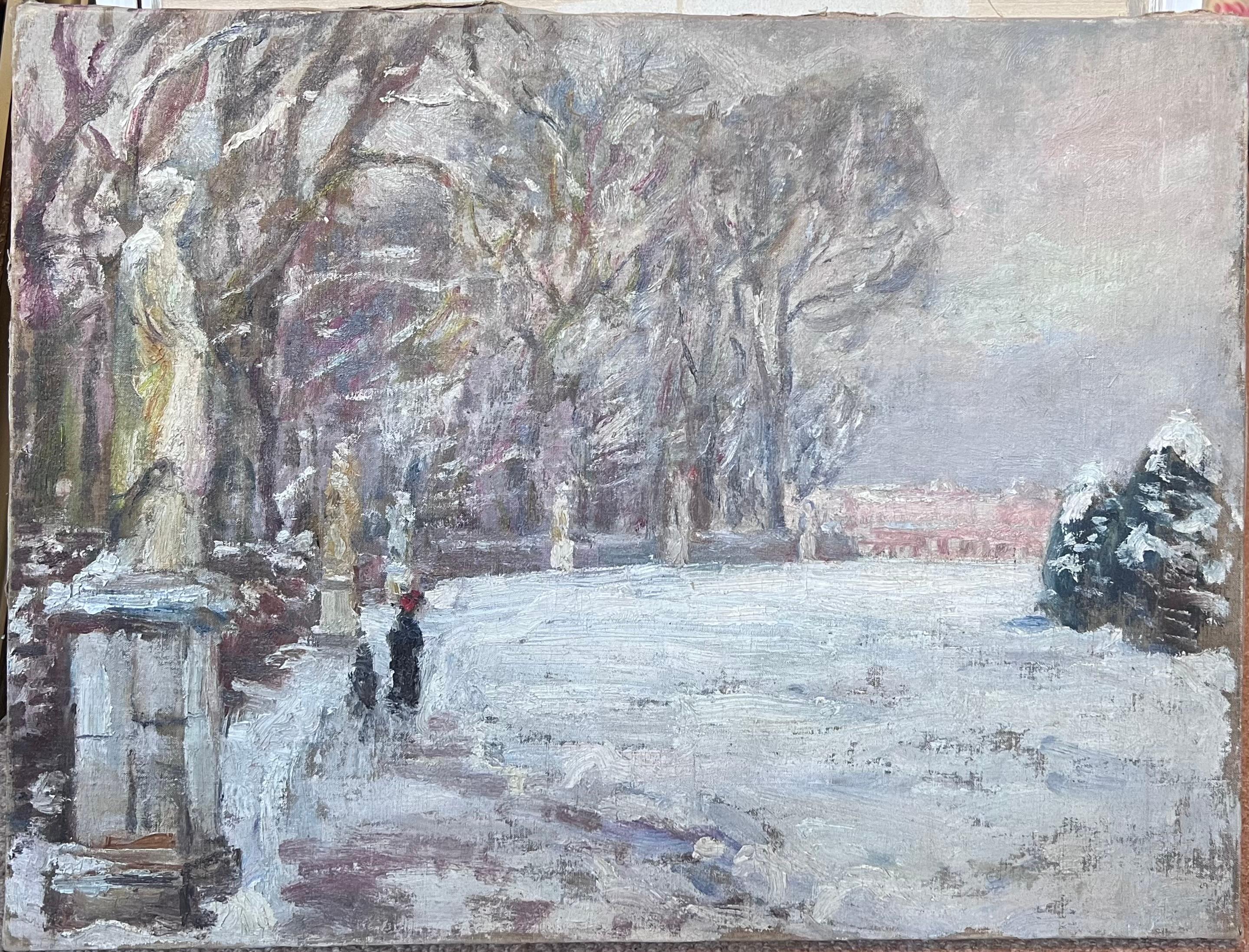 Antique French Impressionist Oil Painting French Park in Winter Snow Landscape - Gray Figurative Painting by Gustave Loiseau
