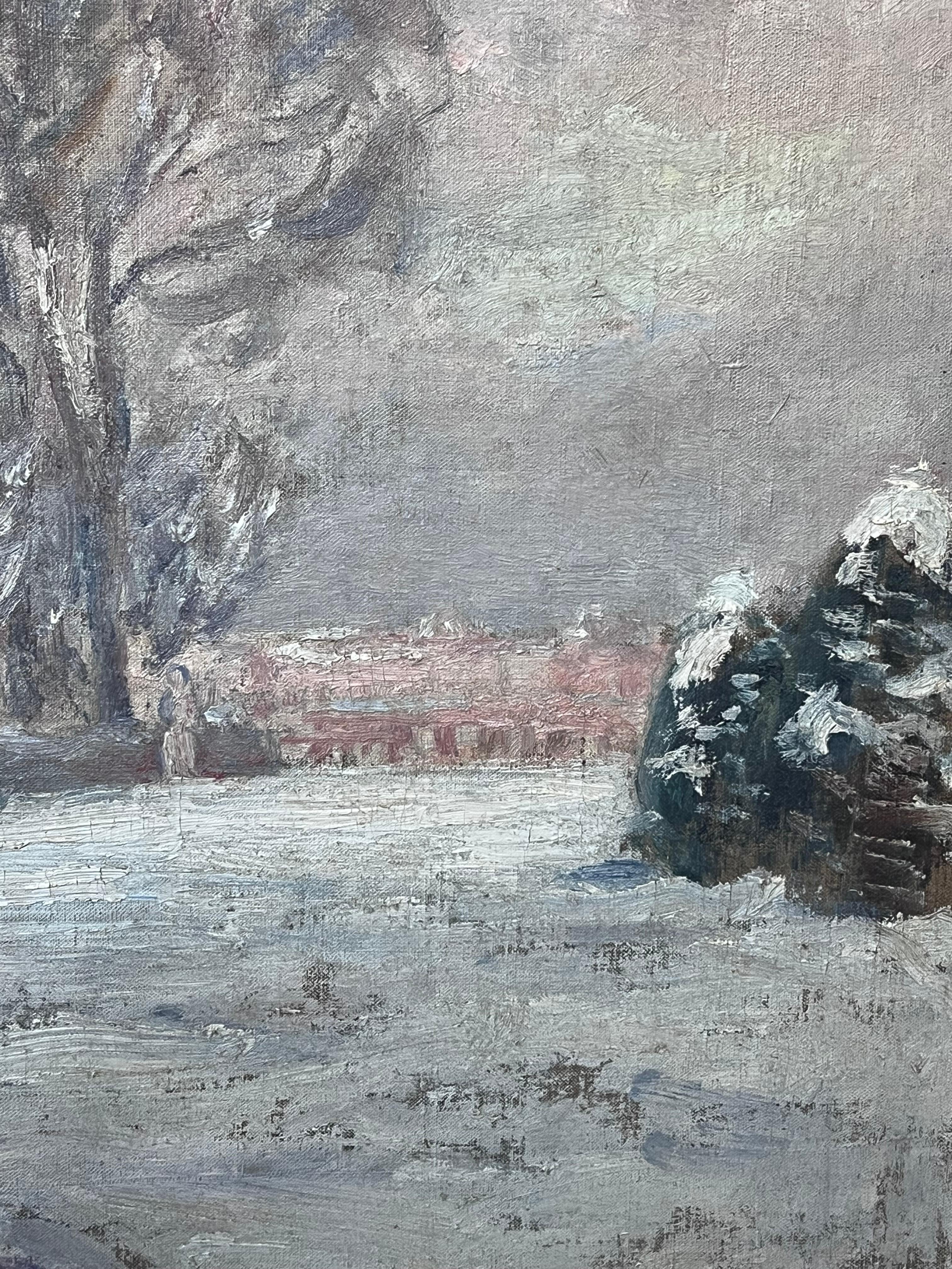 Antique French Impressionist Oil Painting French Park in Winter Snow Landscape For Sale 1