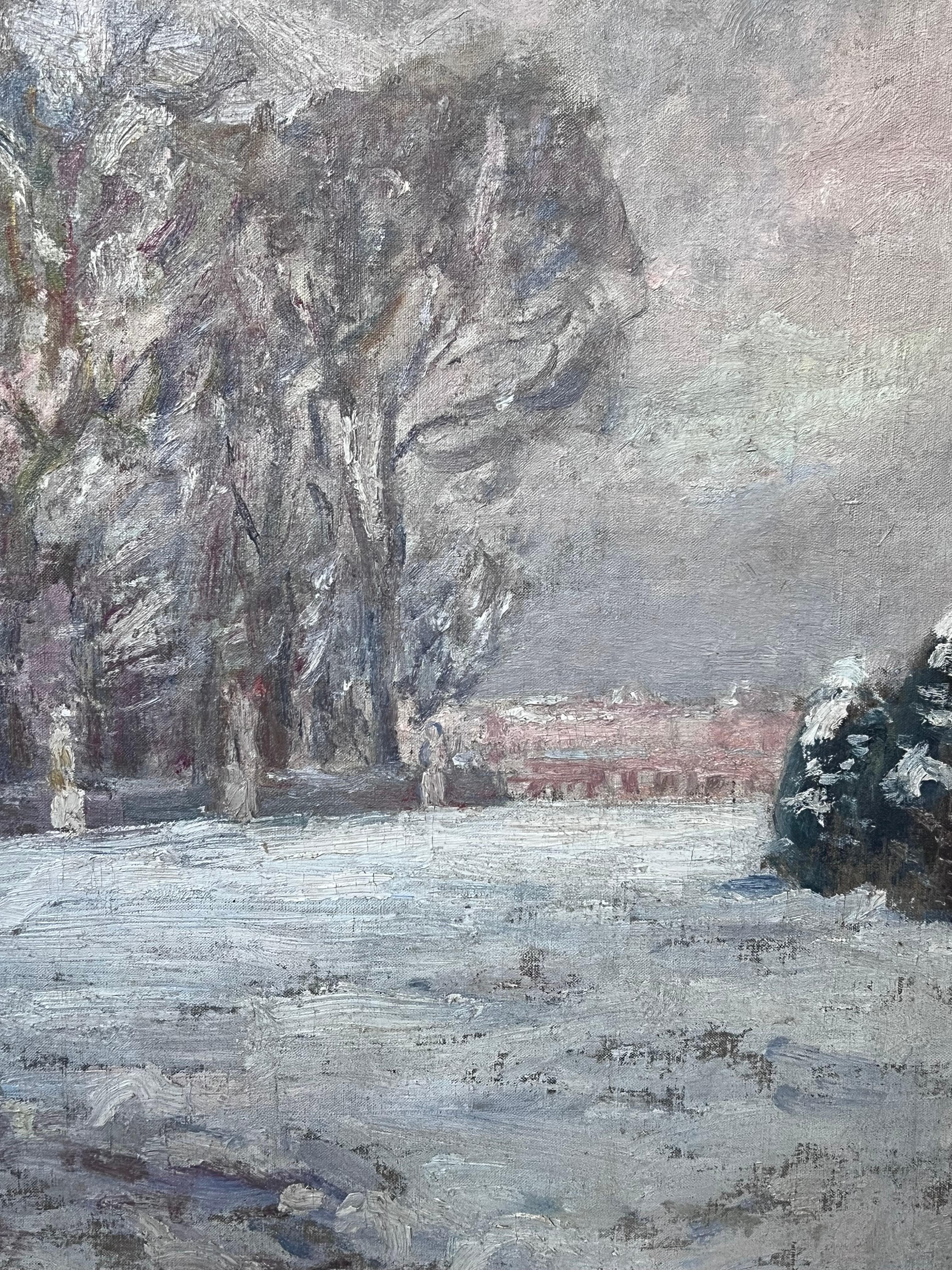 Antique French Impressionist Oil Painting French Park in Winter Snow Landscape For Sale 2