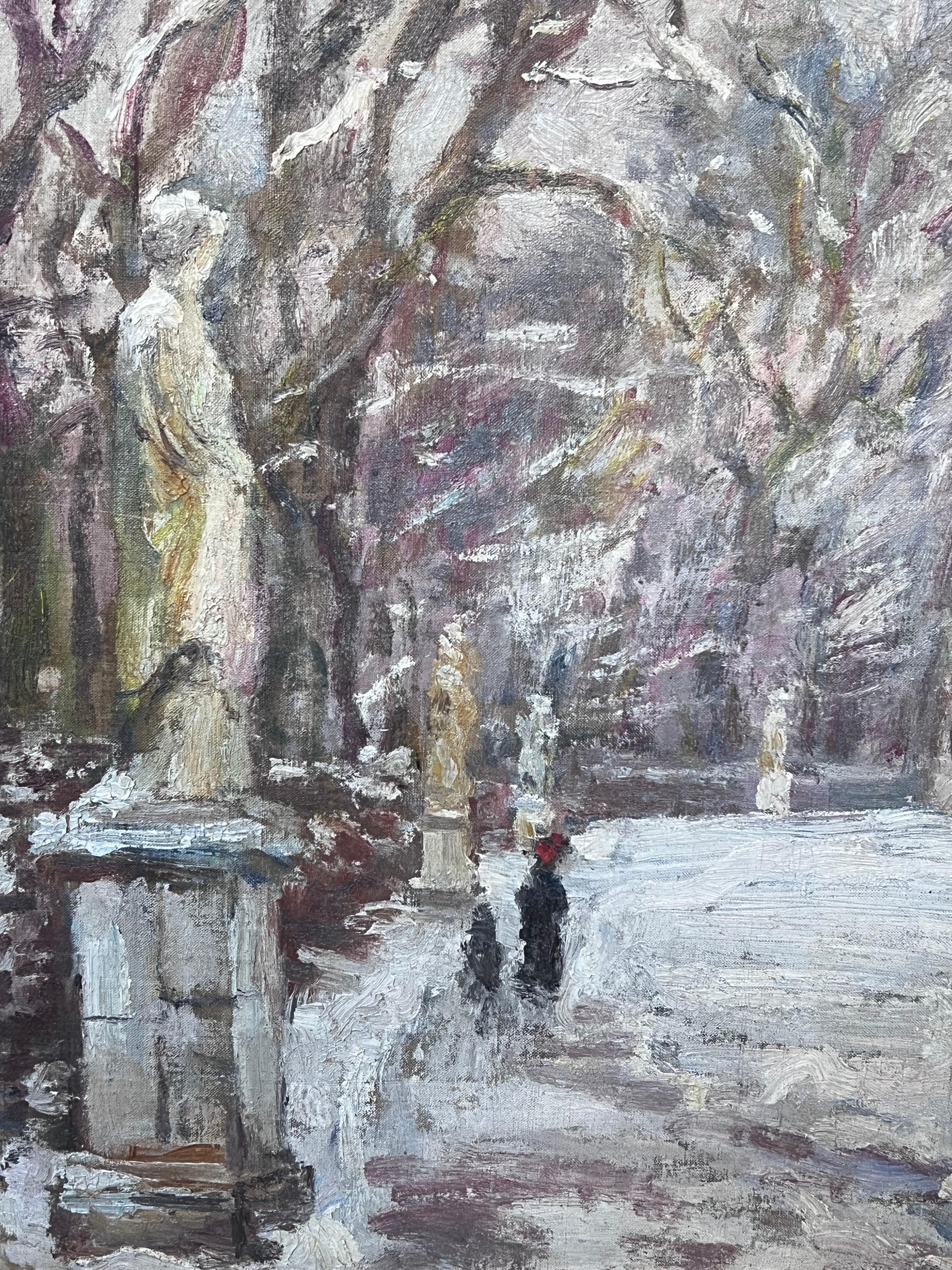Antique French Impressionist Oil Painting French Park in Winter Snow Landscape For Sale 3