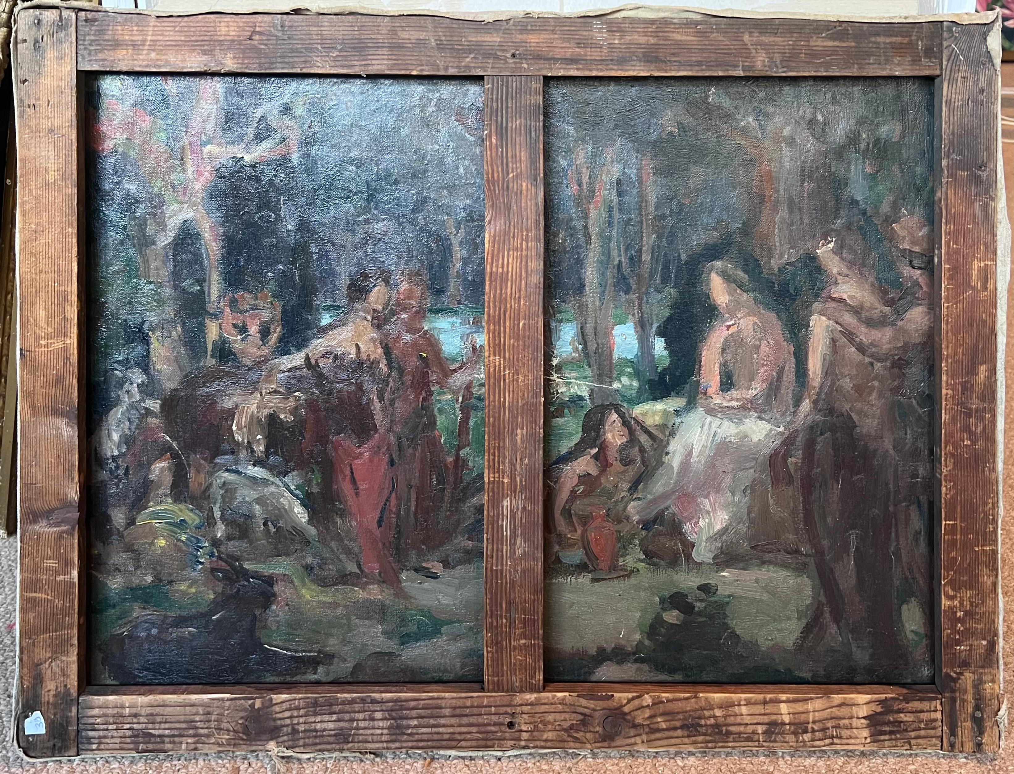 Antique French Impressionist Oil Painting French Park in Winter Snow Landscape For Sale 4