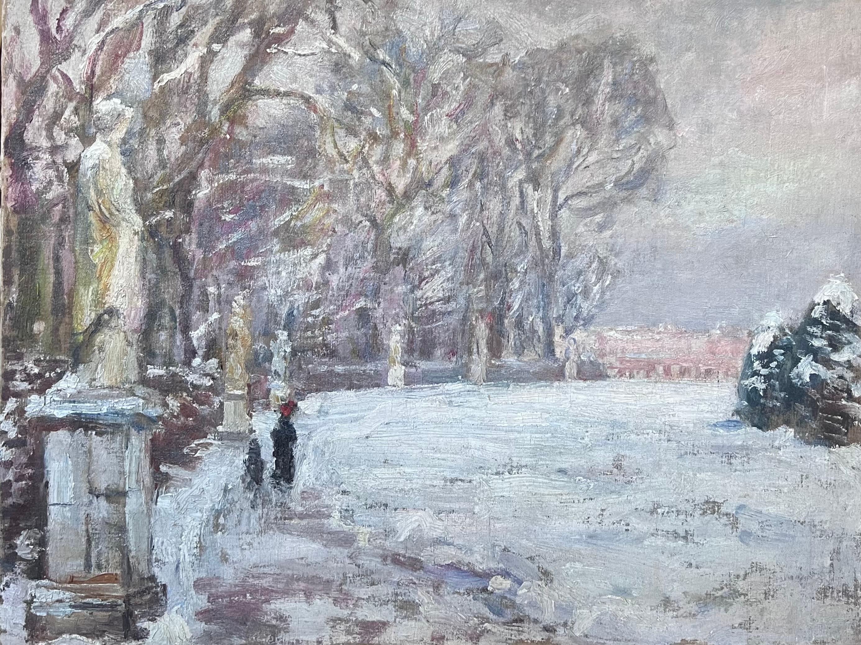 Gustave Loiseau Figurative Painting - Antique French Impressionist Oil Painting French Park in Winter Snow Landscape
