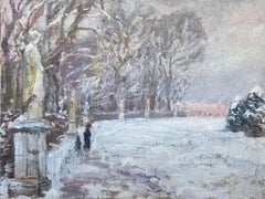 Antique French Impressionist Oil Painting French Park in Winter Snow Landscape