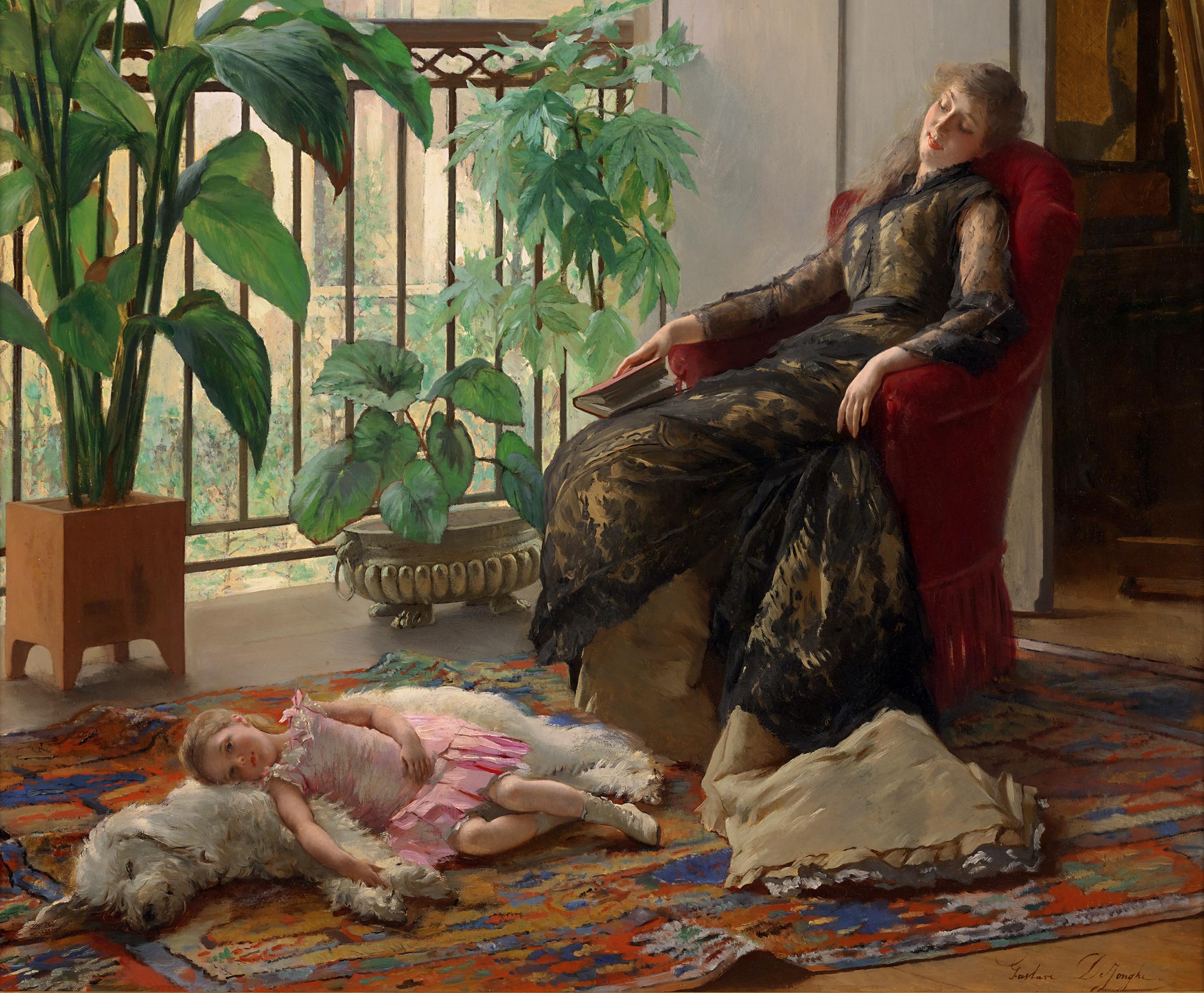 Afternoon Repose By Gustave Léonard De Jonghe - Realist Painting by Gustave Léonard de Jonghe