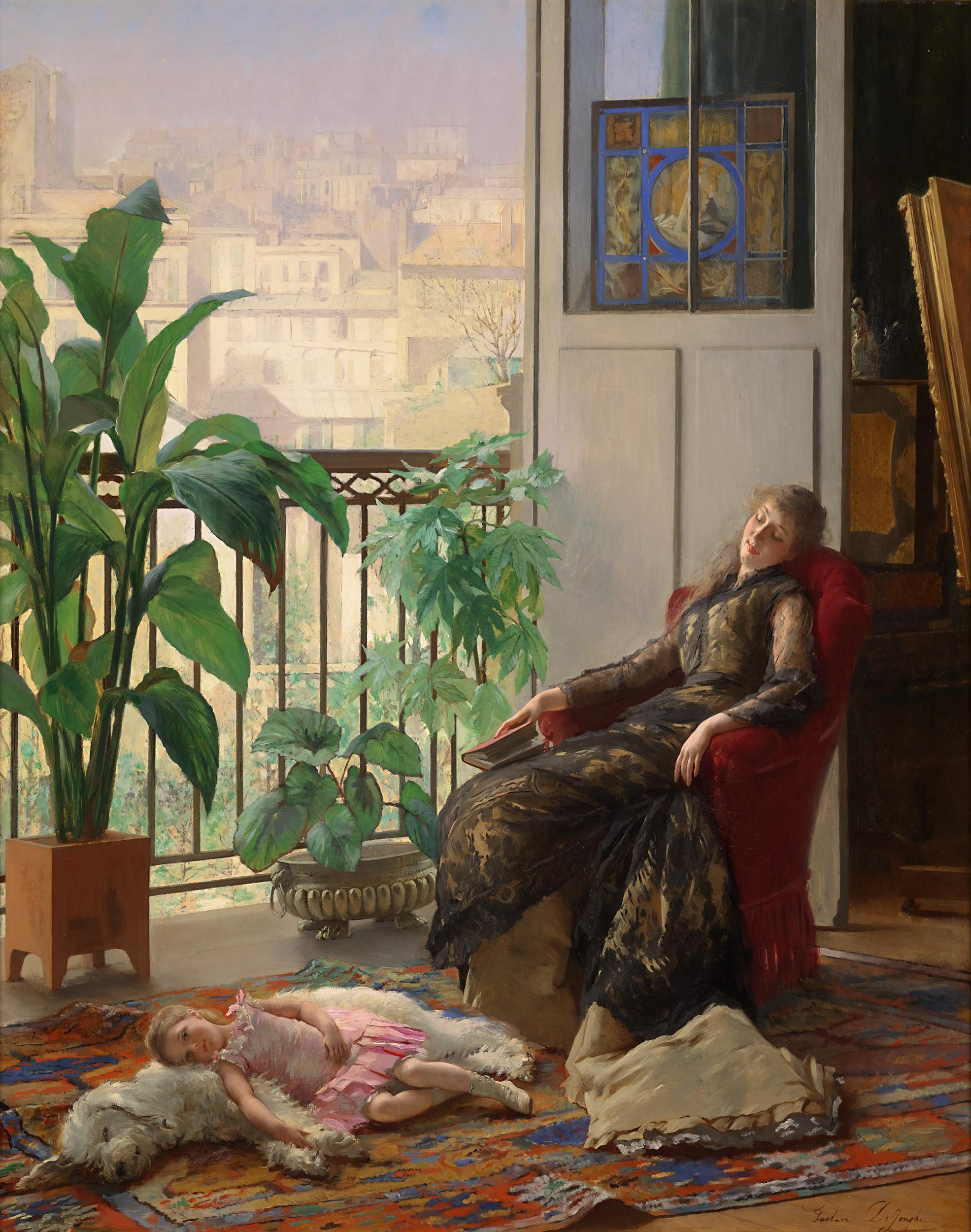 Gustave Léonard de Jonghe Figurative Painting - Afternoon Repose By Gustave Léonard De Jonghe