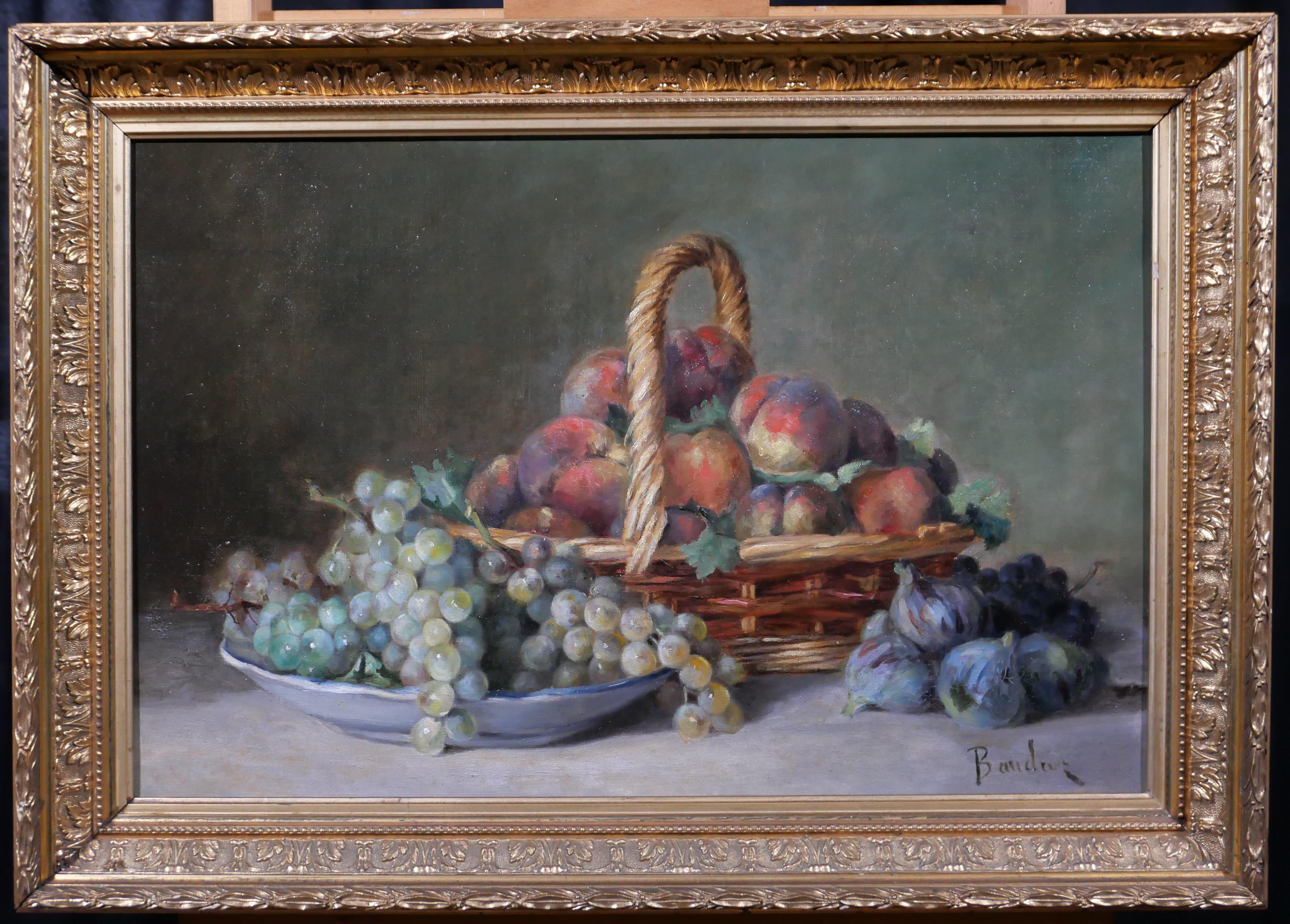 Still life with peaches, grapes and figs - Painting by Gustave-Louis Baudrier