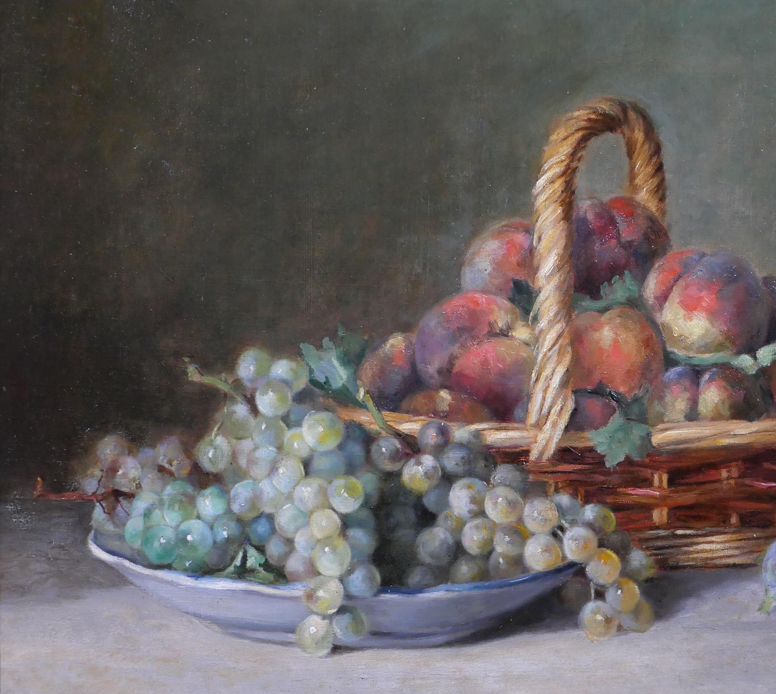 Still life with peaches, grapes and figs - Impressionist Painting by Gustave-Louis Baudrier