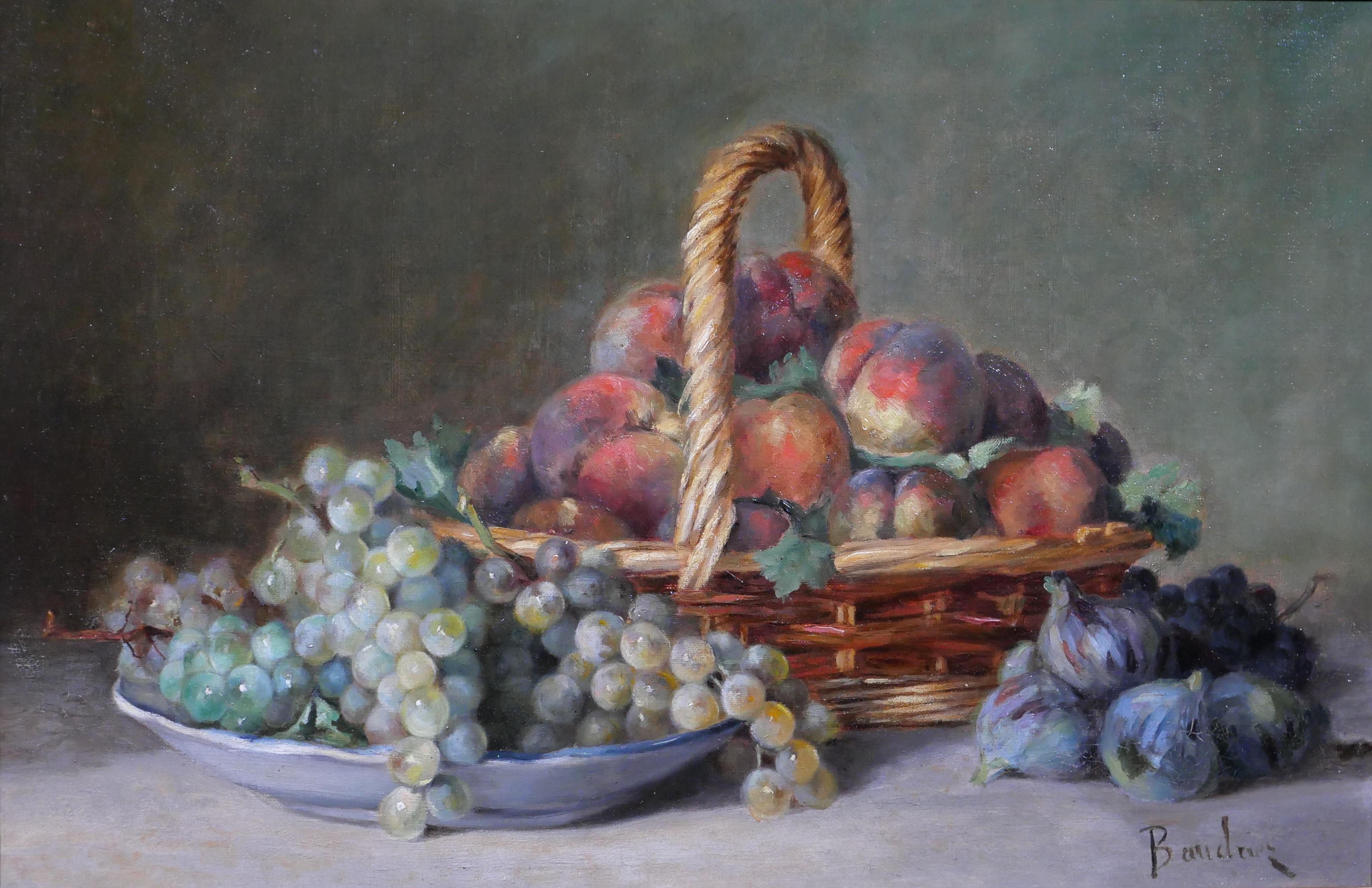 Gustave-Louis Baudrier Still-Life Painting – Stillleben mit Pfirsichen, Trauben und Früchten