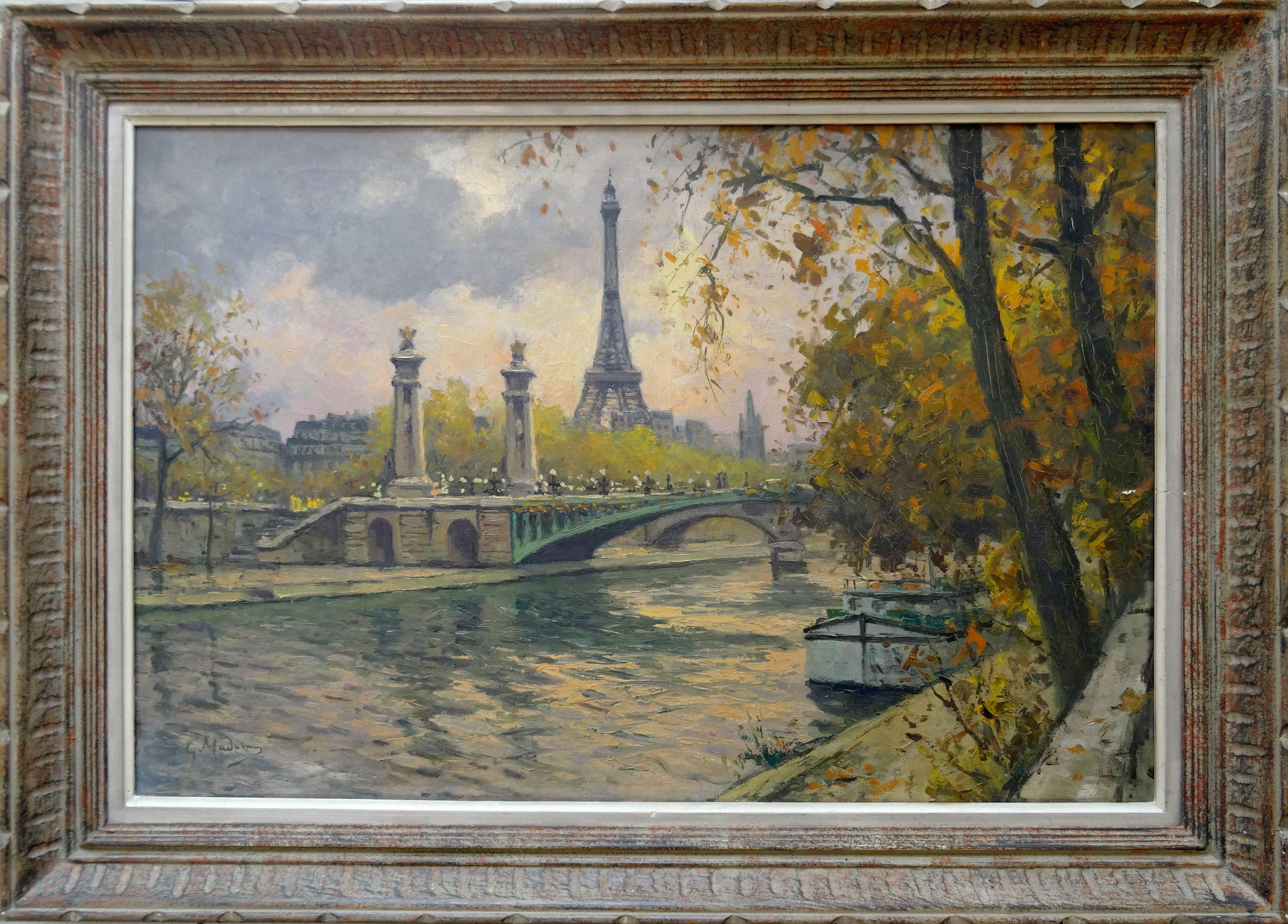 Alexander III Bridge and the banks of the Seine Oil on canvas, 55x81 cm - Painting by Gustave Madelain