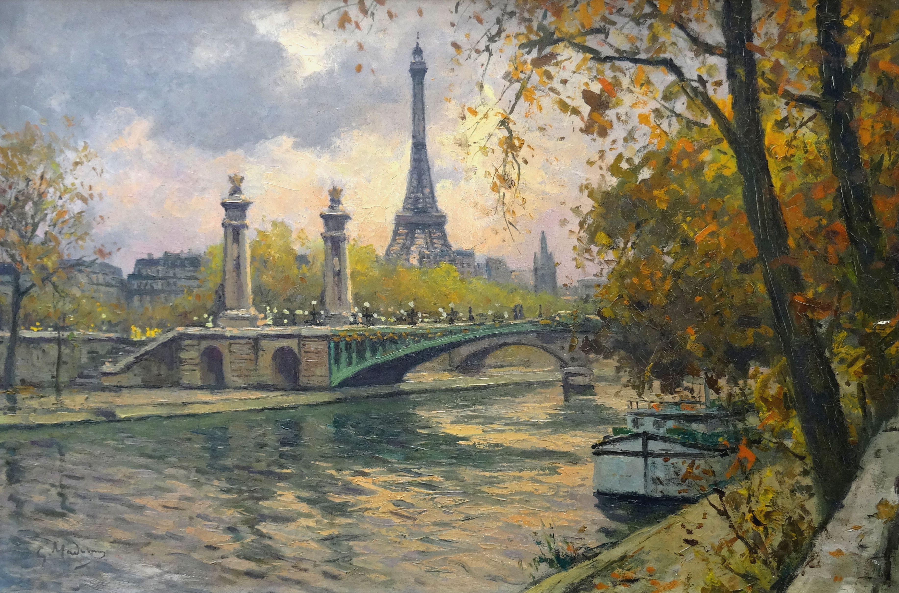 Gustave Madelain Figurative Painting - Alexander III Bridge and the banks of the Seine Oil on canvas, 55x81 cm