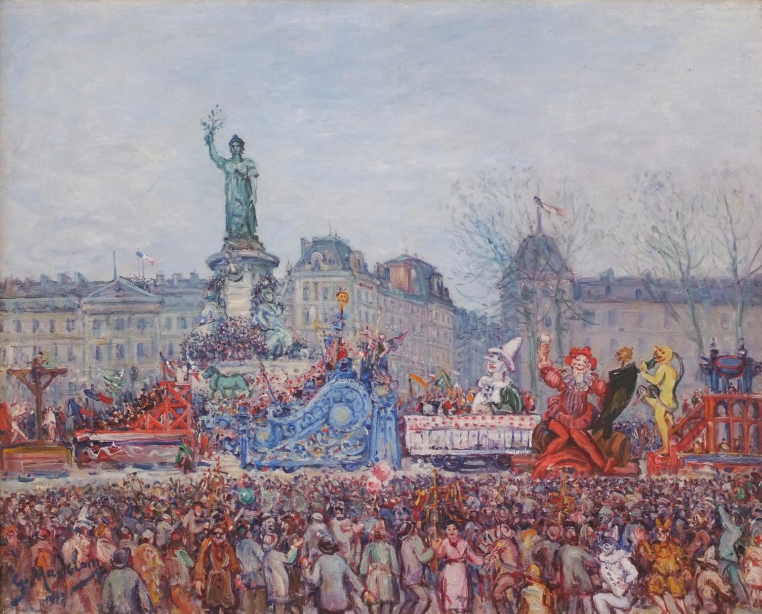 Carnival Day Place de la Republique in Paris - Painting by Gustave Madelain