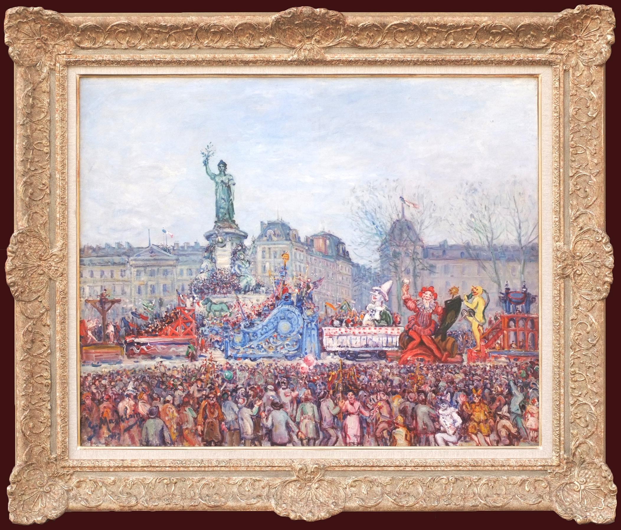 Gustave Madelain Landscape Painting - Carnival Day Place de la Republique in Paris