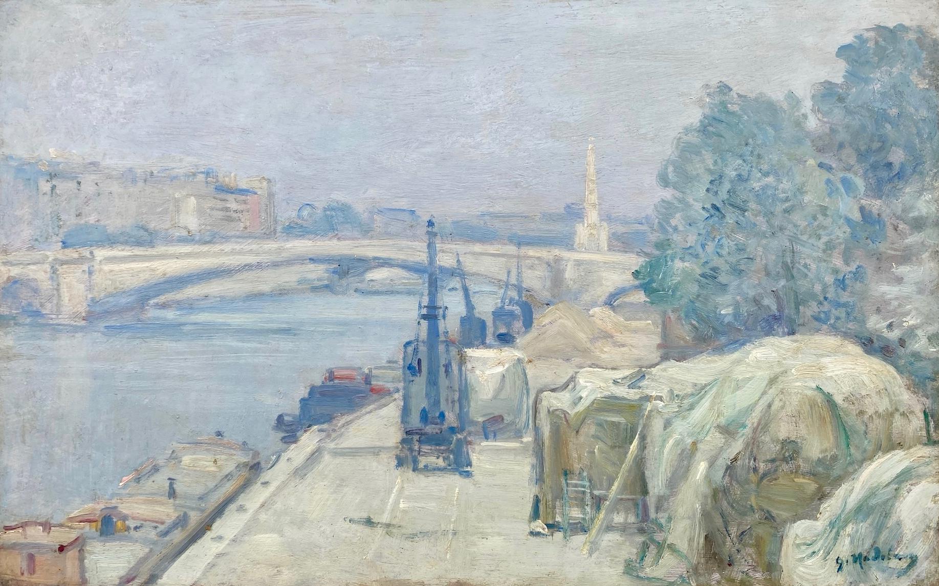Paisaje urbano impresionista París, obras junto al río Sena pintura inundada de luz - Painting de Gustave Madelain