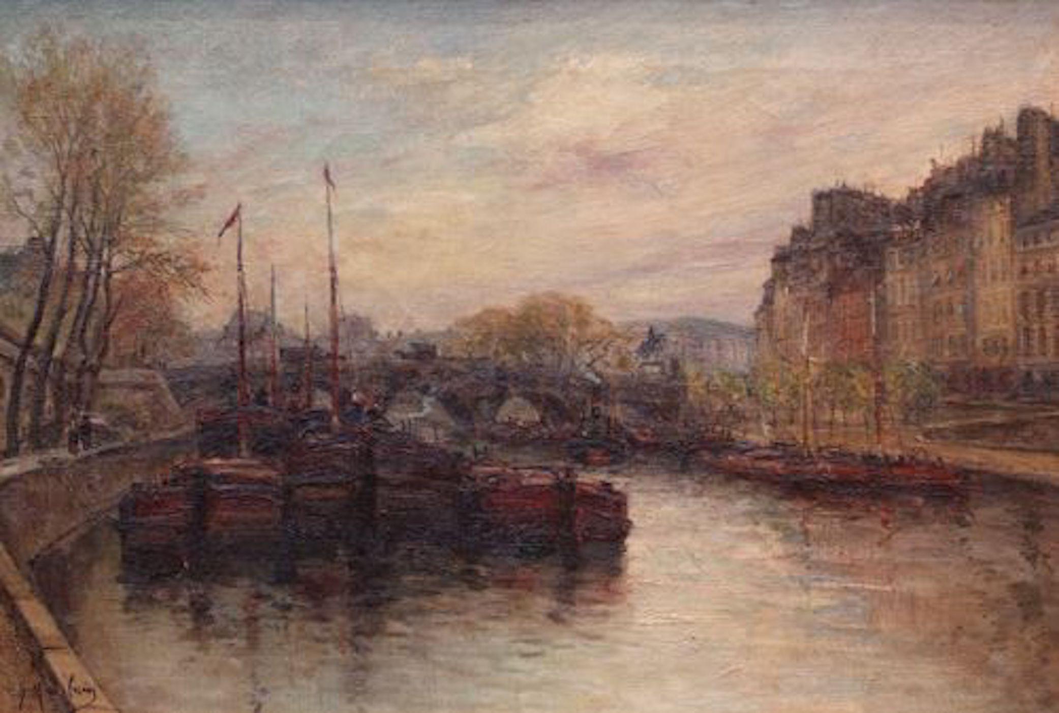Paris River Banks with Barges - Brown Landscape Painting by Gustave Madelain