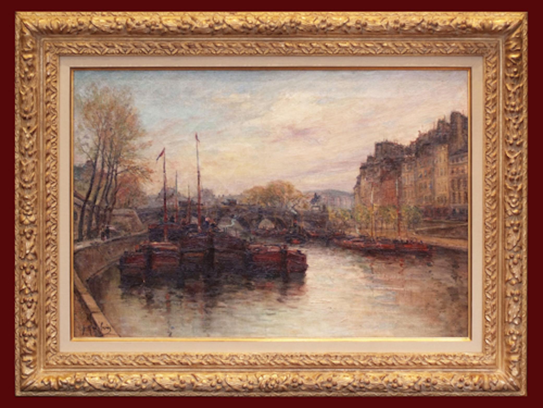 Gustave Madelain Landscape Painting - Paris River Banks with Barges