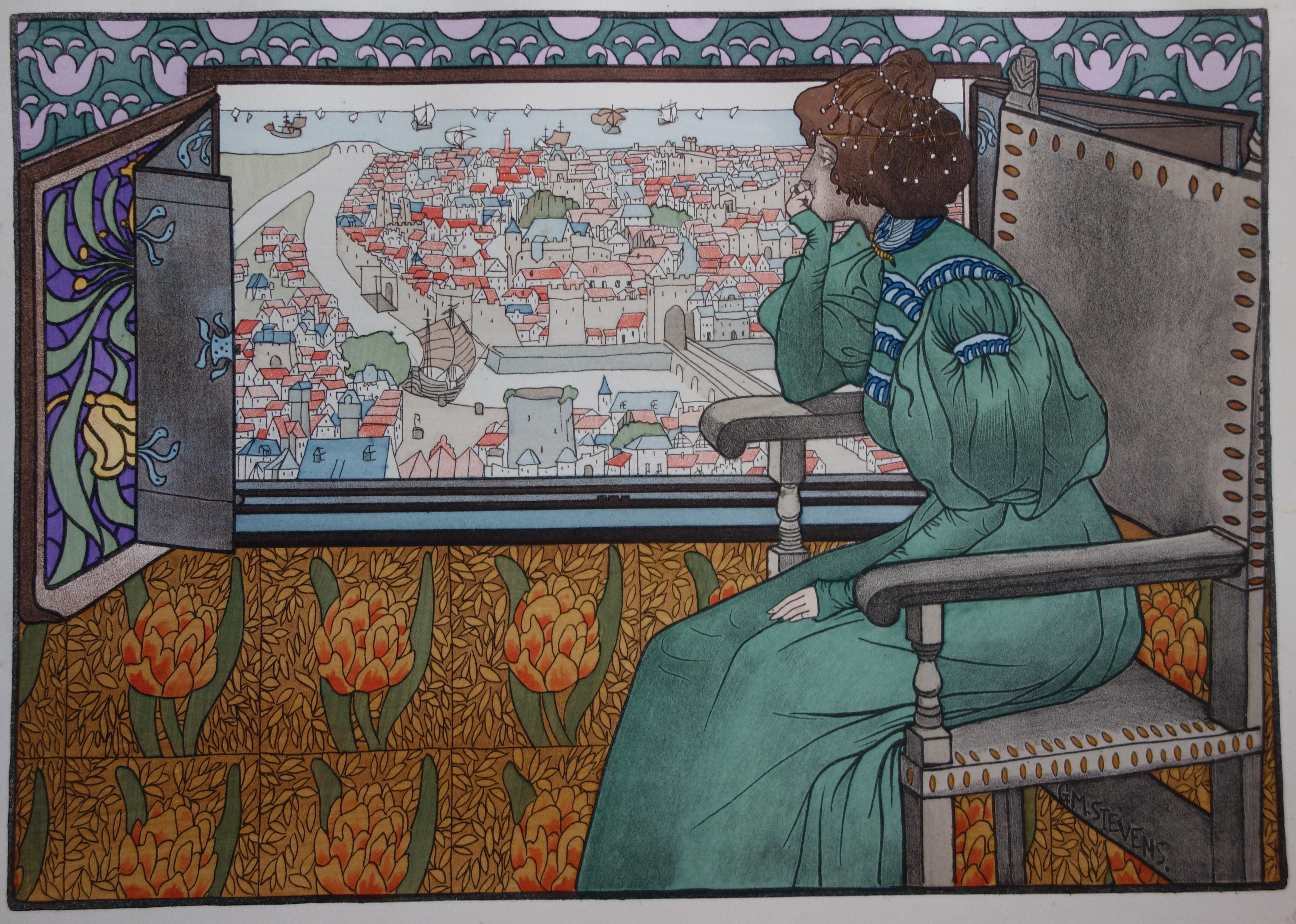 Gustave Max Stevens Figurative Print - Art Nouveau Woman Watching the Harbour -  Original lithograph, 1897