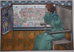 Art Nouveau Woman Watching the Harbour -  Original lithograph, 1897