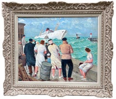 "Banana Freighter Entering Port in Rough Seas" 1950 original oil painting